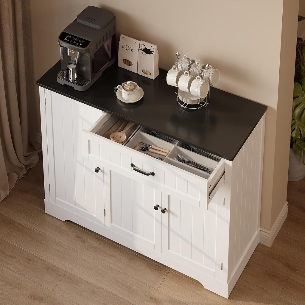 Gizoon Kitchen Coffee Bar Cabinet with Storage Kitchen Sideboard Buffet Cabinet with Drawers, Short Pantry with Door and Shelves for Bathroom and Living Room, White and Black, Painted