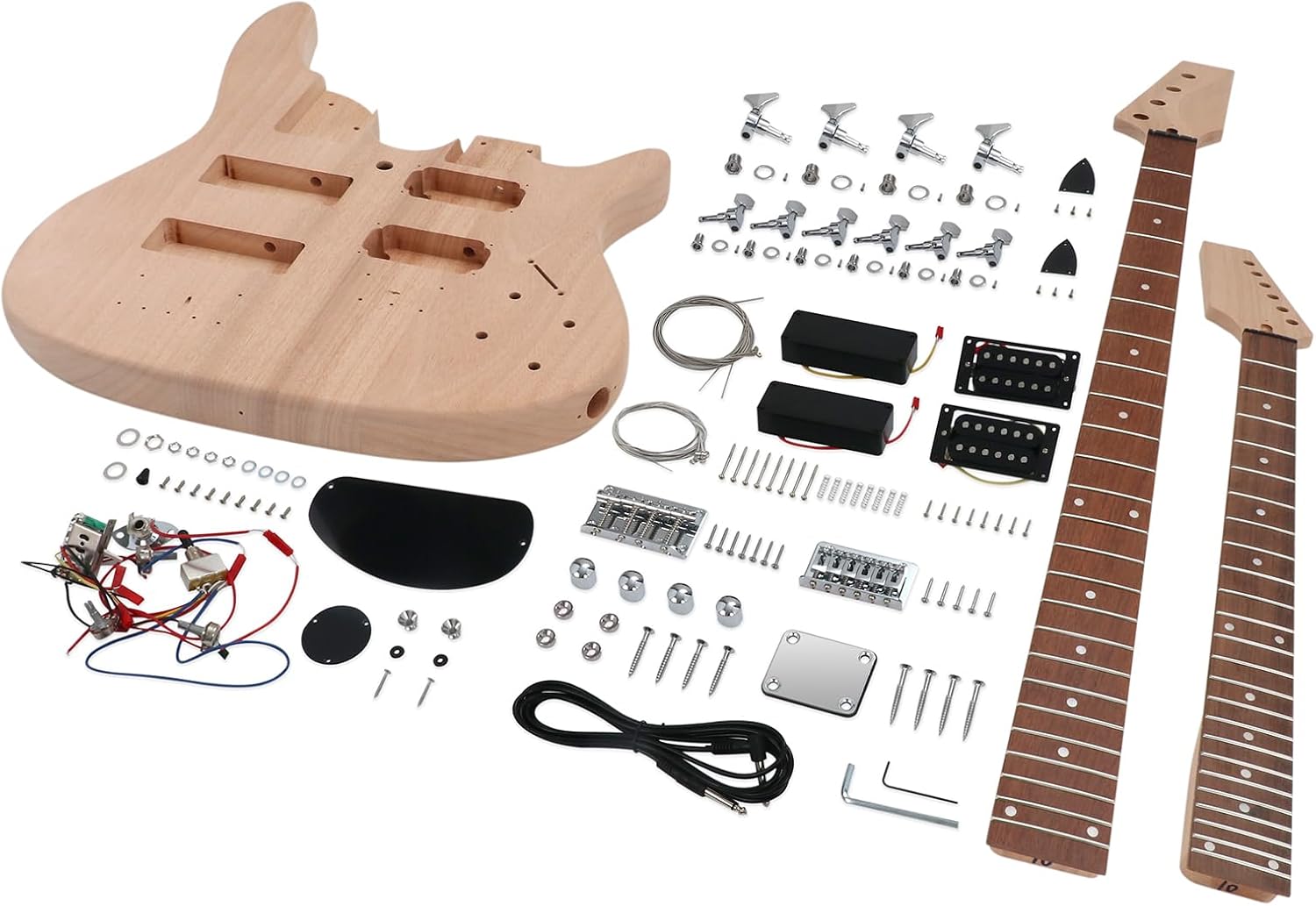 Double Neck DIY Electric Guitar and Bass Kit 6 String and 4 String Guitar Kit Right Handed with Mahogany Body Mahogany Neck Rosewood Fretboard Chrome Hardware Build Your Own Bass and Guitar.