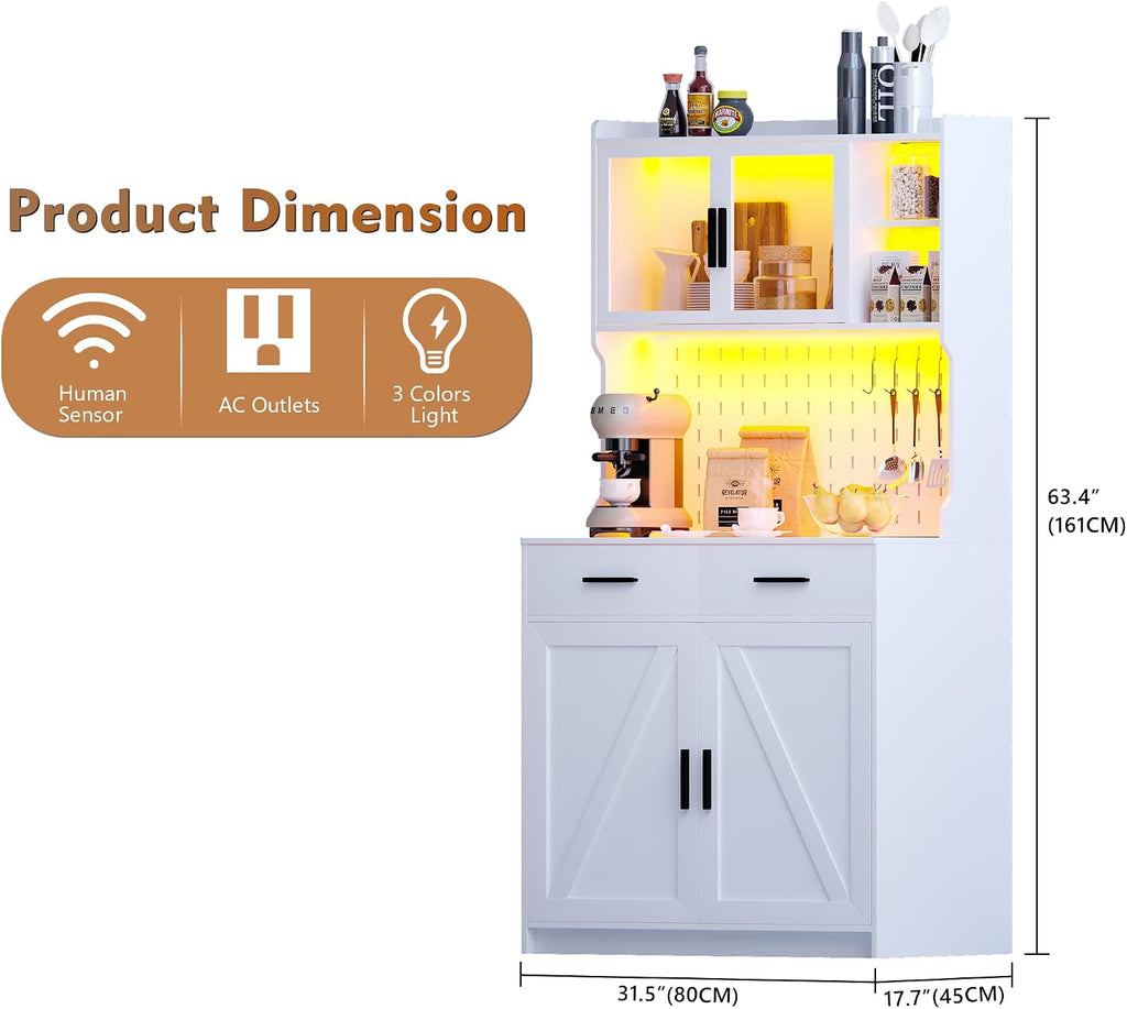 LED Kitchen Pantry Cabinet with Outlets, Farmhouse Storage Cabinet with Drawers & Adjustable Shelves, Cupboard with Pegboard and Hooks for Dining Room (White)