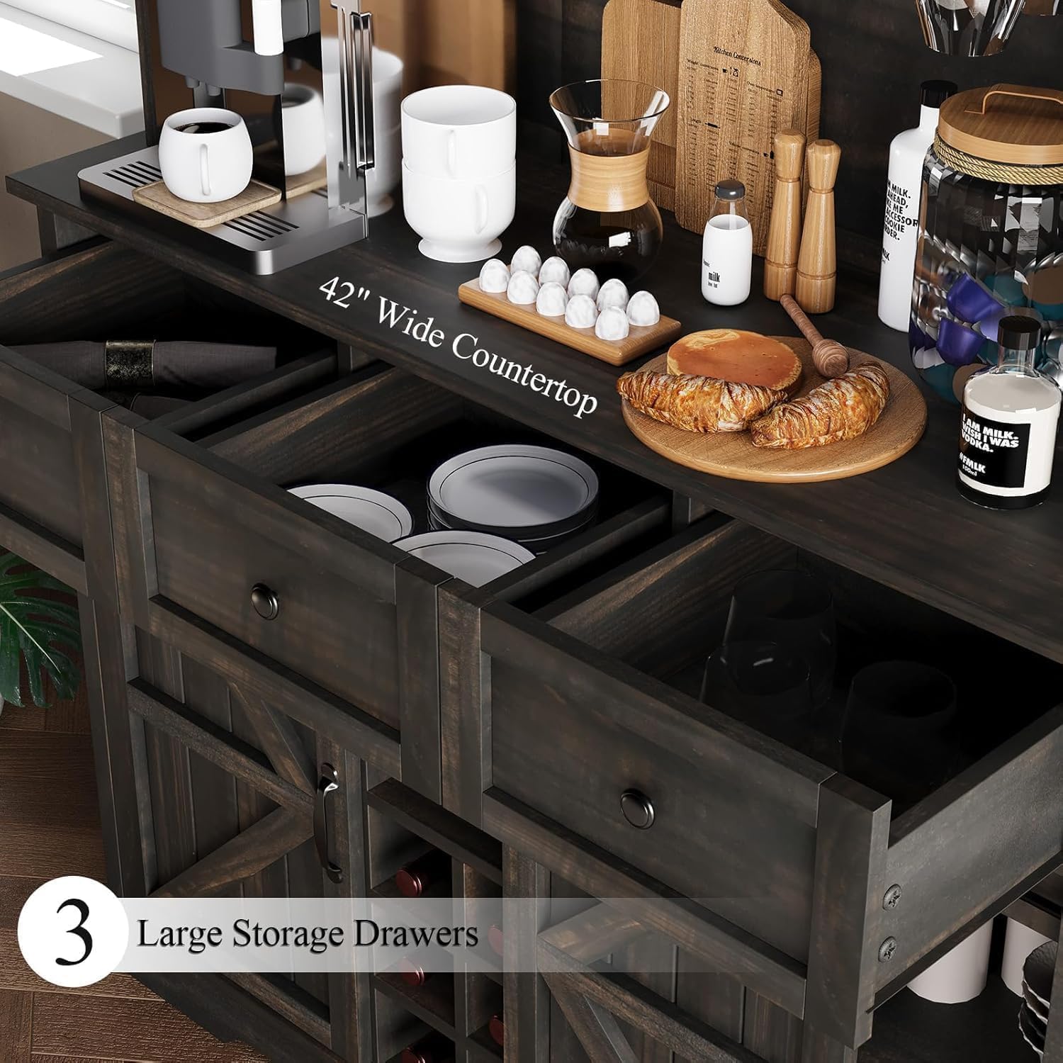 Farmhouse Coffee Bar Cabinet with Wine Rack, 72 'Tall Kitchen Storage Cabinet with 3 Drawers, 9-Bottle Wine Holder, 6 Hooks, Sliding Barn Doors and Adjustable Shelves, for Dining Room, Rustic Oak