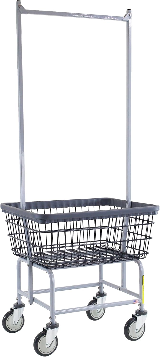R&B Wire® 100E58/D7 HD Wire Laundry Cart with Double Pole Rack | 2.5 Bushel | Steel Frame with Dura-Seven™ Anti Rust Coated Basket | Commercial | Industrial Bumper | 5' Clean Wheel System™ Casters