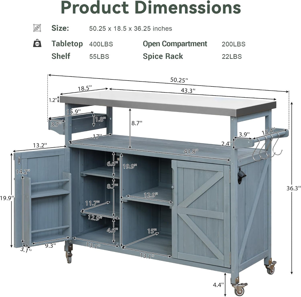 Farmhouse Outdoor Kitchen Island, Rolling Bar Cart & Storage Cabinet with Stainless Steel Top, Spice Rack, Towel Rack for Kitchen & Barbecue, Solid Wood Outdoor Grill Table (Grey+Blue)