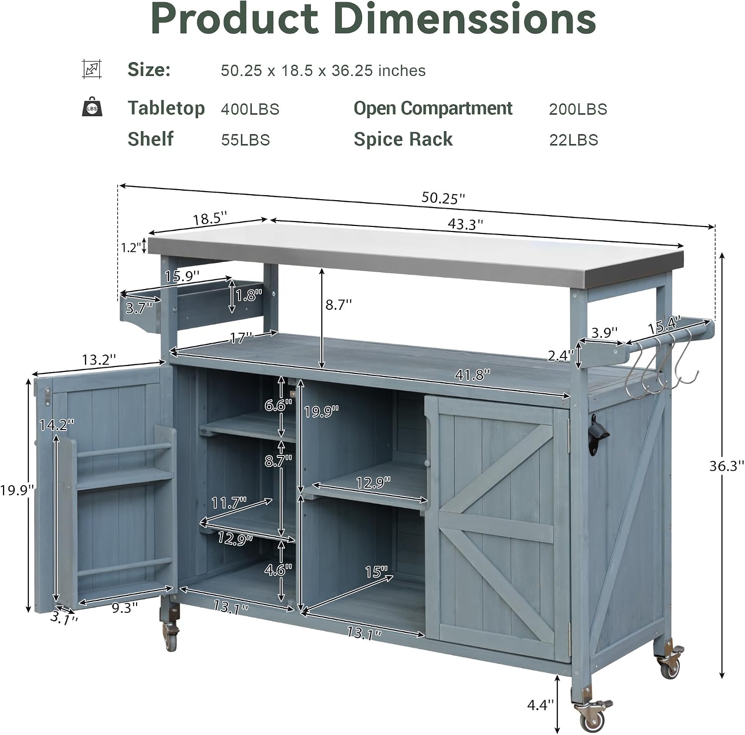 Farmhouse Outdoor Kitchen Island, Rolling Bar Cart & Storage Cabinet with Stainless Steel Top, Spice Rack, Towel Rack for Kitchen & Barbecue, Solid Wood Outdoor Grill Table (Grey+Blue)