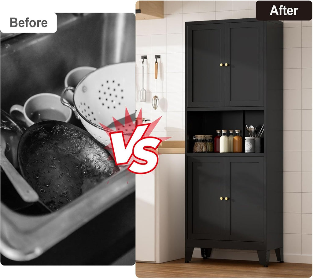 Metal Kitchen Pantry Cabinet, 69' Tall Black Storage Cabinet with 4 Doors and 3 Adjustable Shelves, Freestanding Cupboards with Microwave Stand for Dining Room, Living Room, Bathroom