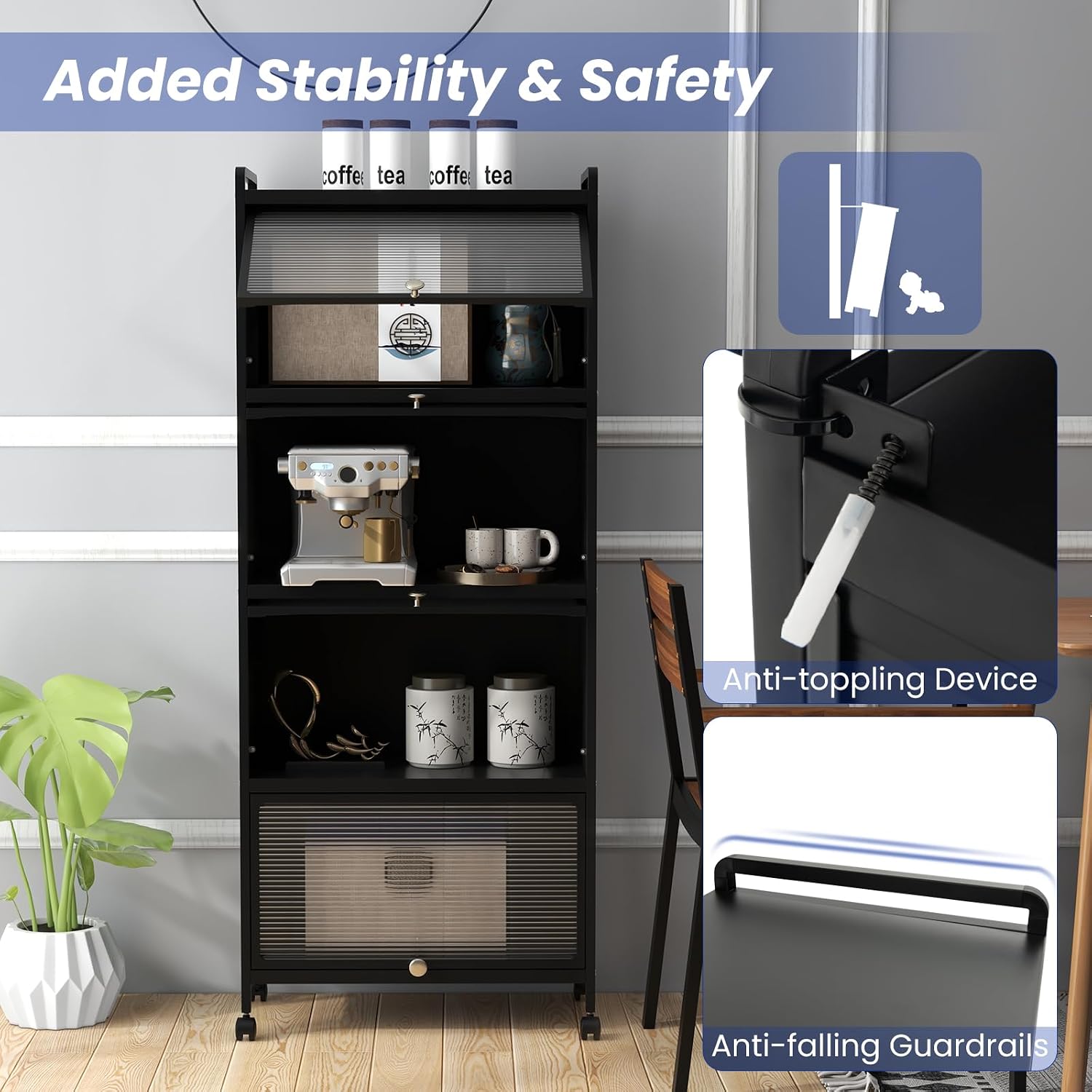 MAT EXPERT 5-Tier Kitchen Storage Cabinet, Freestanding Appliance Organizer on Wheels with Flip Door & Anti-Topping Device, Kitchen Pantry Cabinet Bakers Rack for Living Room, Study (Black)
