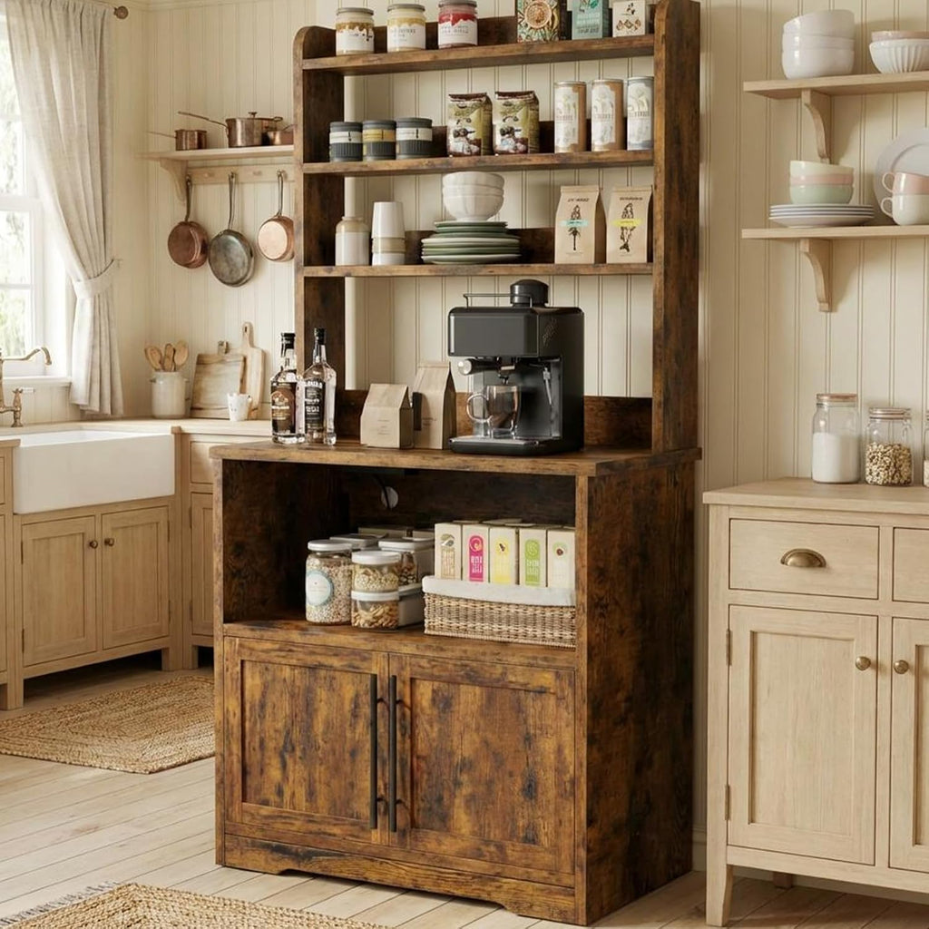 GarveeHome Bakers Rack with Power Outlet and 2 Doors, 63' Tall Farmhouse Wood Microwave Stand with Hutch & 3 Shelves, Coffee Bar Cabinet with Thick Counter, Sturdy Frame, for Kitchen, Rustic Brown