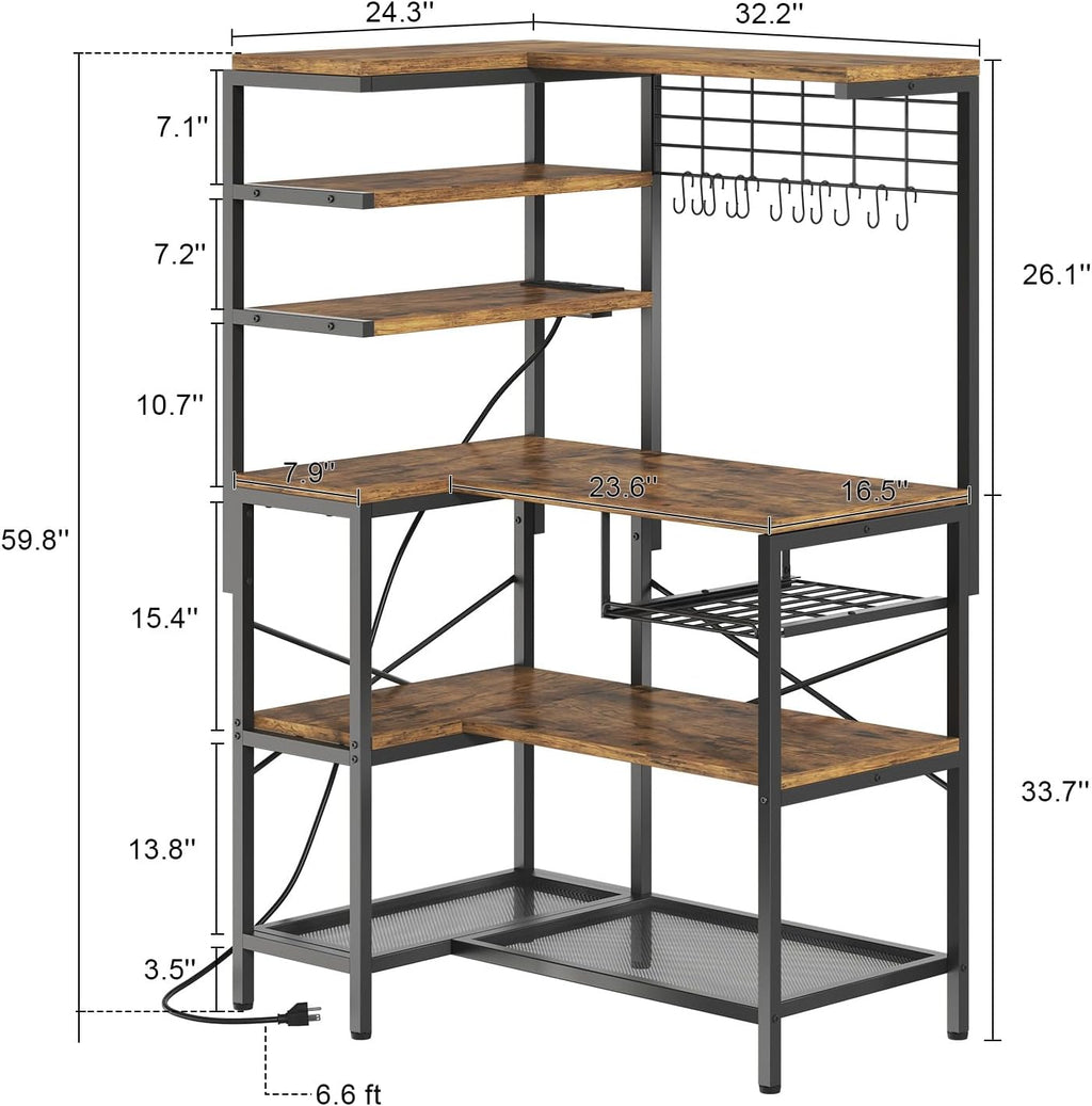 L-Shaped Bakers Rack with Power Outlet, 6-Tier Microwave Stand with Open Storage, Kitchen Shelf with Hooks, Coffee Bar with Wire Basket, Rustic Brown and Black