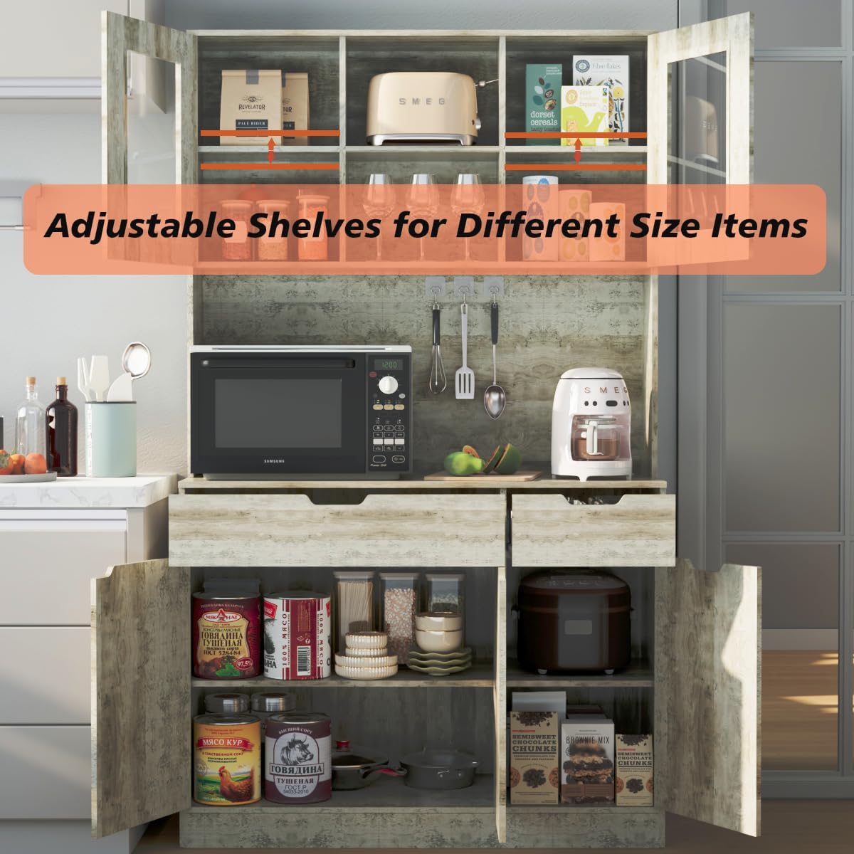71' Tall Kitchen Pantry Storage Cabinet Large Farmhouse Hutch Cabinet with Microwave Stand, Charging Station, Adjustable Shelves, Countertop for Dining Room, Living Room, Grey