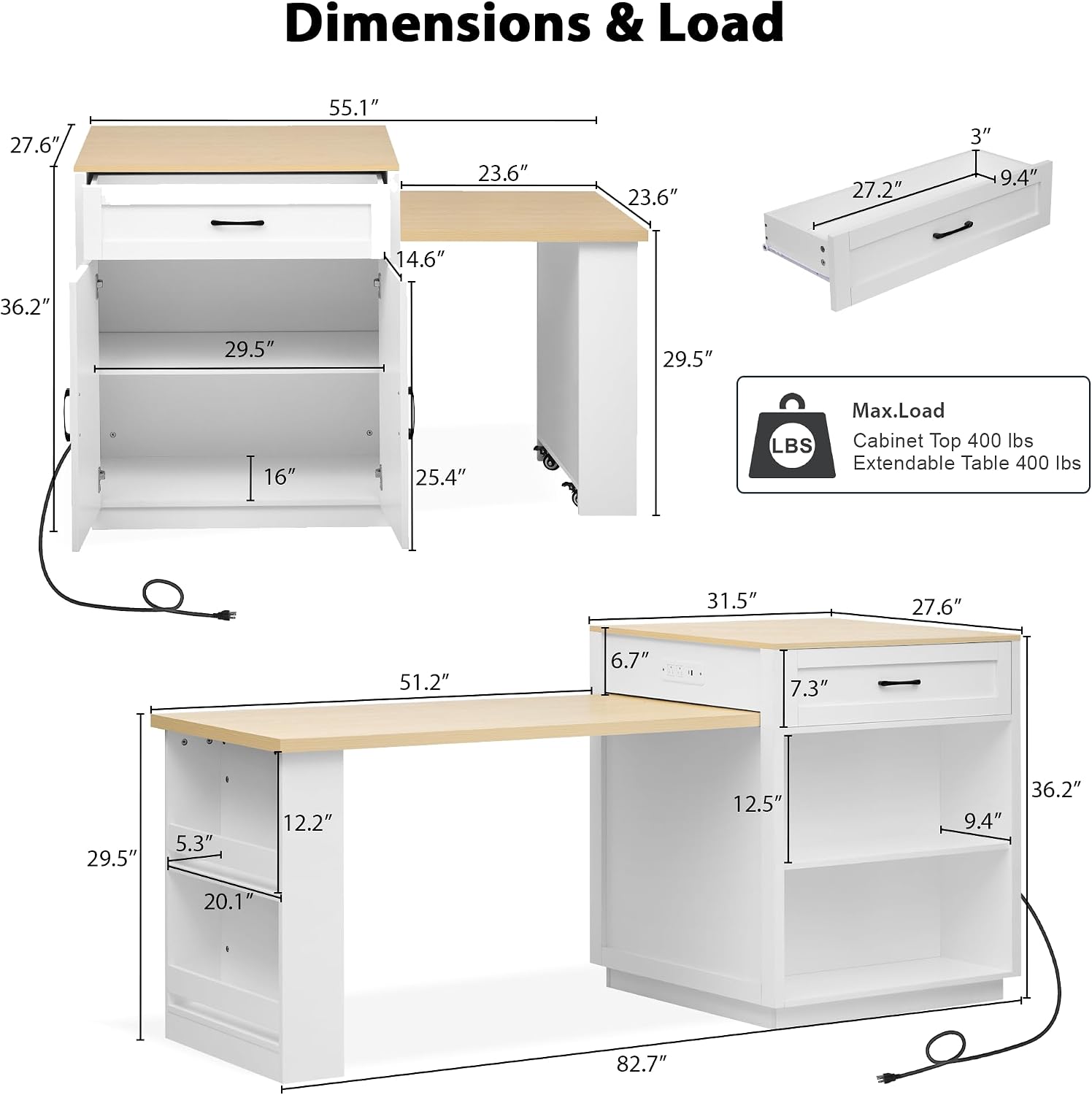 82.7 inches Kitchen Island with Extendable Table, Faux Mable Table with Double-Sized Storage, Power Outlet, 2 Drawers, 2 Side Open Shelves for Kitchen for 4-6 Person, Dining Room, White