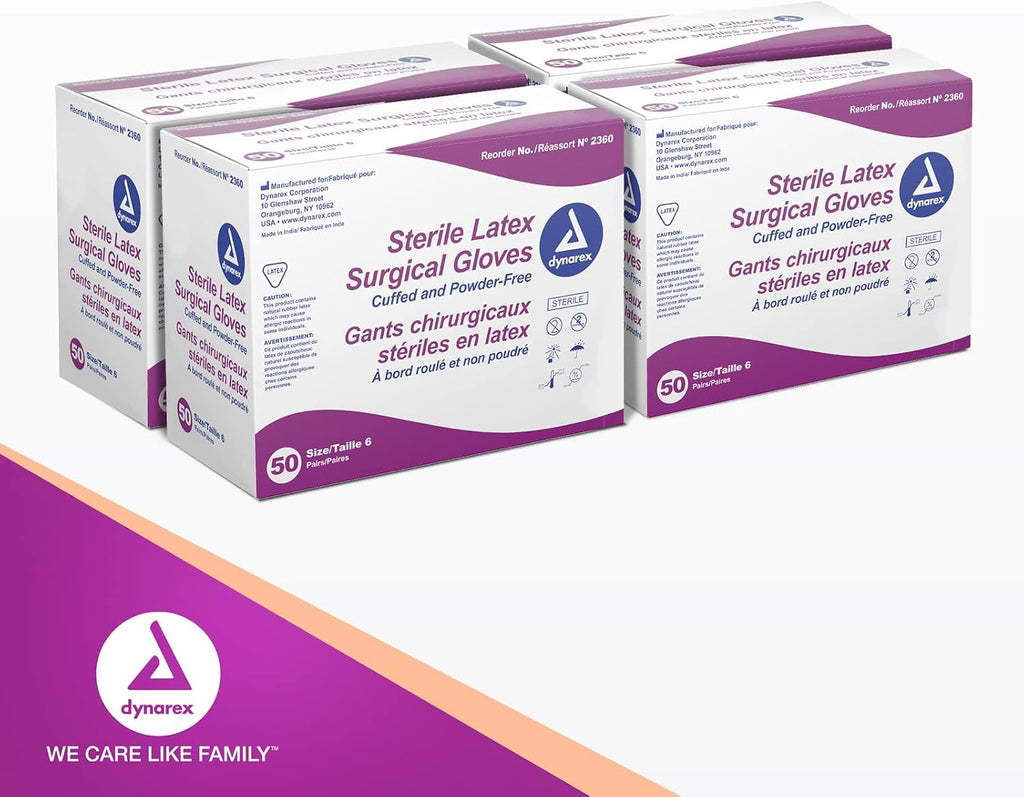 Dynarex Sterile Disposable Latex Surgical Gloves, Powder-Free, Sterilely Packaged in Pairs, Medical & Healthcare, Bisque, Size 6, 1 Case of 200 Pairs