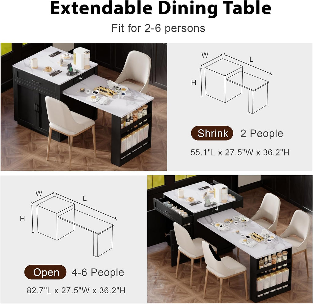 82.7 inches Kitchen Island with Extendable Table, Faux Mable Table with Double-Sized Storage, Power Outlet, 2 Drawers, 2 Side Open Shelves for Kitchen, Dining Room for 4-6 Person, Black