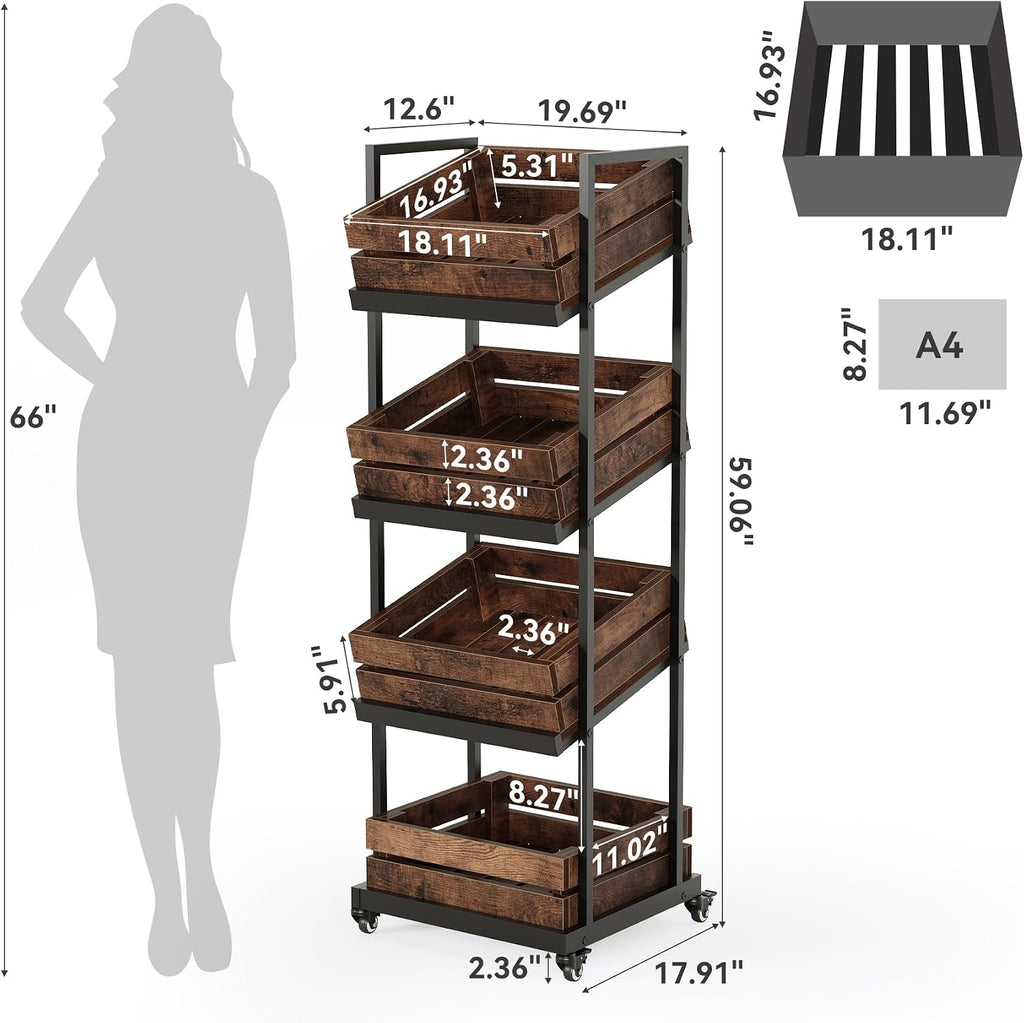 LITTLE TREE 4-Tier Basket Stand with Locked Wheels, Mobile Fruit and Vegetable Storage, Floor Stand Rack, Utility Shelf, for Kitchen, Living Room, Pantry (Rustic Brown)