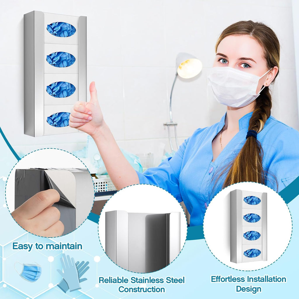 Blulu 4 Pack Stainless Steel Glove Box Holder Wall Mount 10' x 21' x 3.5' Dispenser Station for 4 Tissue Boxes Disposable Rubber Glove Face Masks Medical Organizer for Hospital, Labs