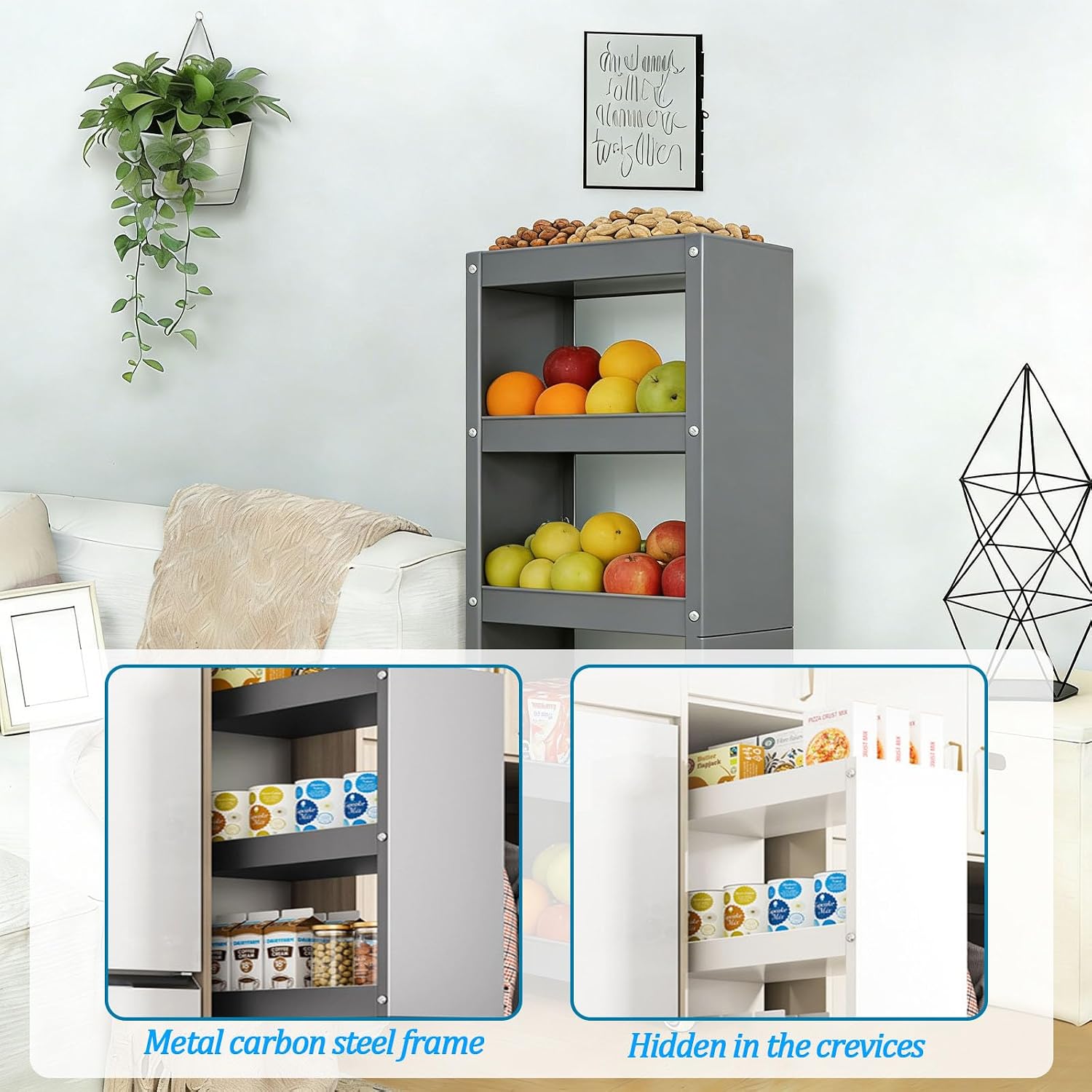 Slim Storage Cart,Rolling Spice Rack Next to Fridge Slim,Kitchen Rolling Cart,Narrow Storage Cabinet,for Kitchen,Bakers,Pantry,Dining Room,Gray,3Tier L18×W4×H27