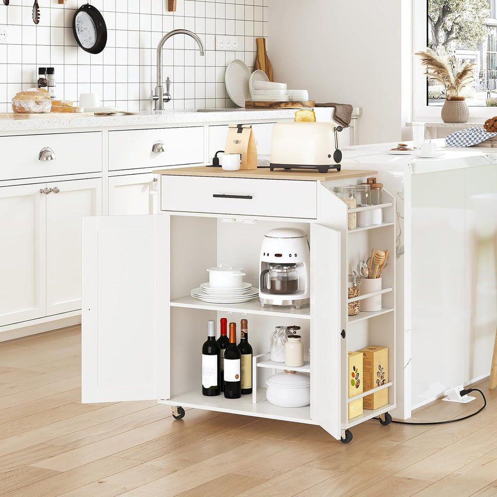 HOOBRO Kitchen Island with Power Outlet, Kitchen Storage Island with Spice Rack and Drawer, Rolling Kitchen on Wheels, for Home, Dining Room, Natural and White WN82UZD01G1