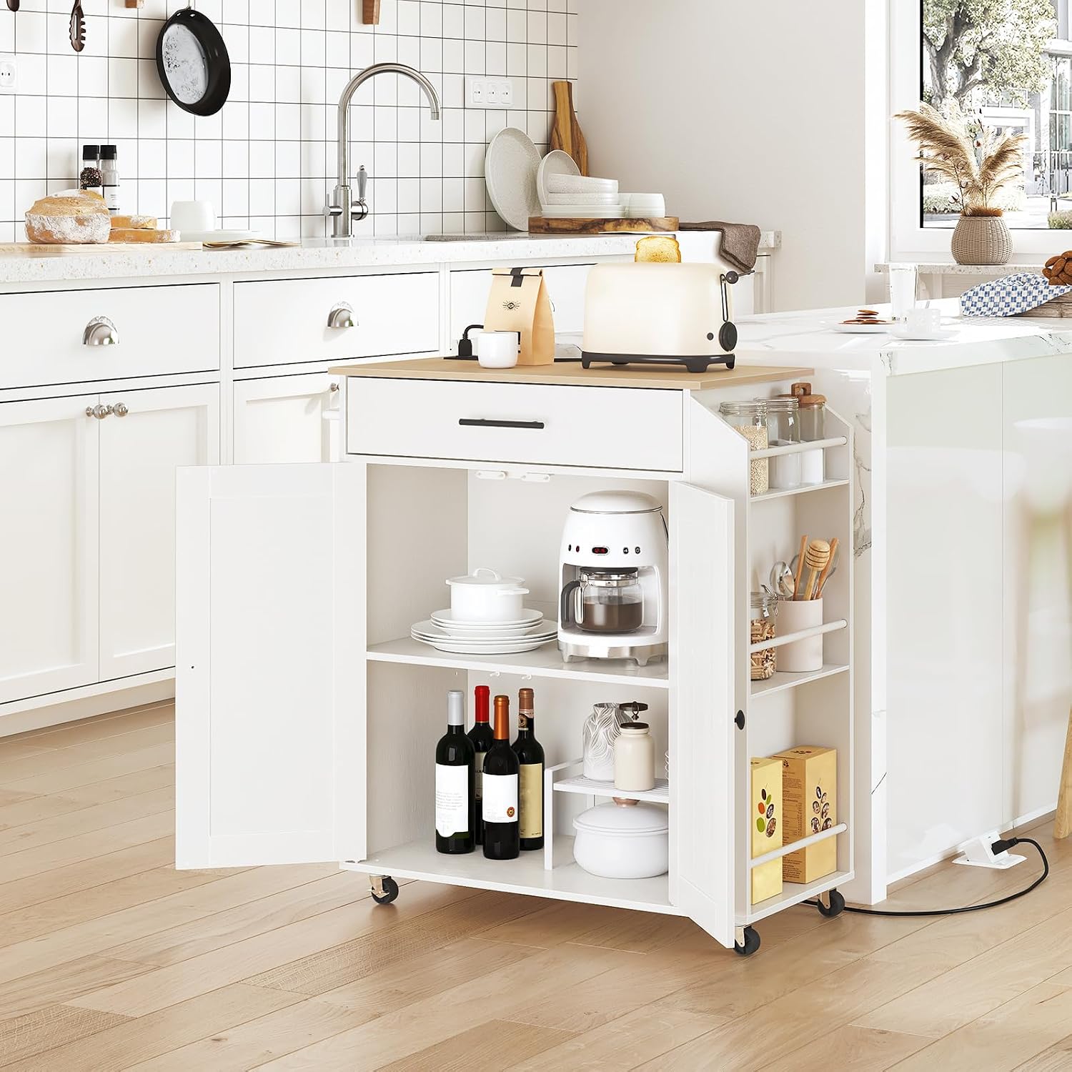 HOOBRO Kitchen Island and Kitchen Island with Outlet Bundle, Kitchen Storage Island with Spice Rack and Drawer, Rolling Kitchen Cart on Wheels, for Home and Dining Room, White WN82UZD01G1-WT88UZD01