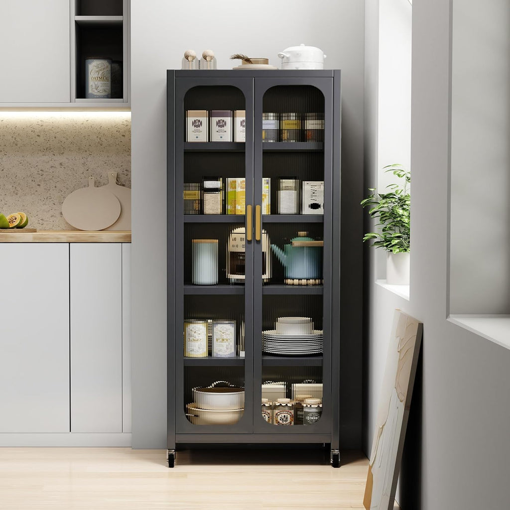 Kitchen Pantry Storage Cabinet, 6 Tier 65' H Metal Sideboard with Wheels and Acrylic Glass Door, Modern Kitchen Storage Rack for Home, Office,Pantry