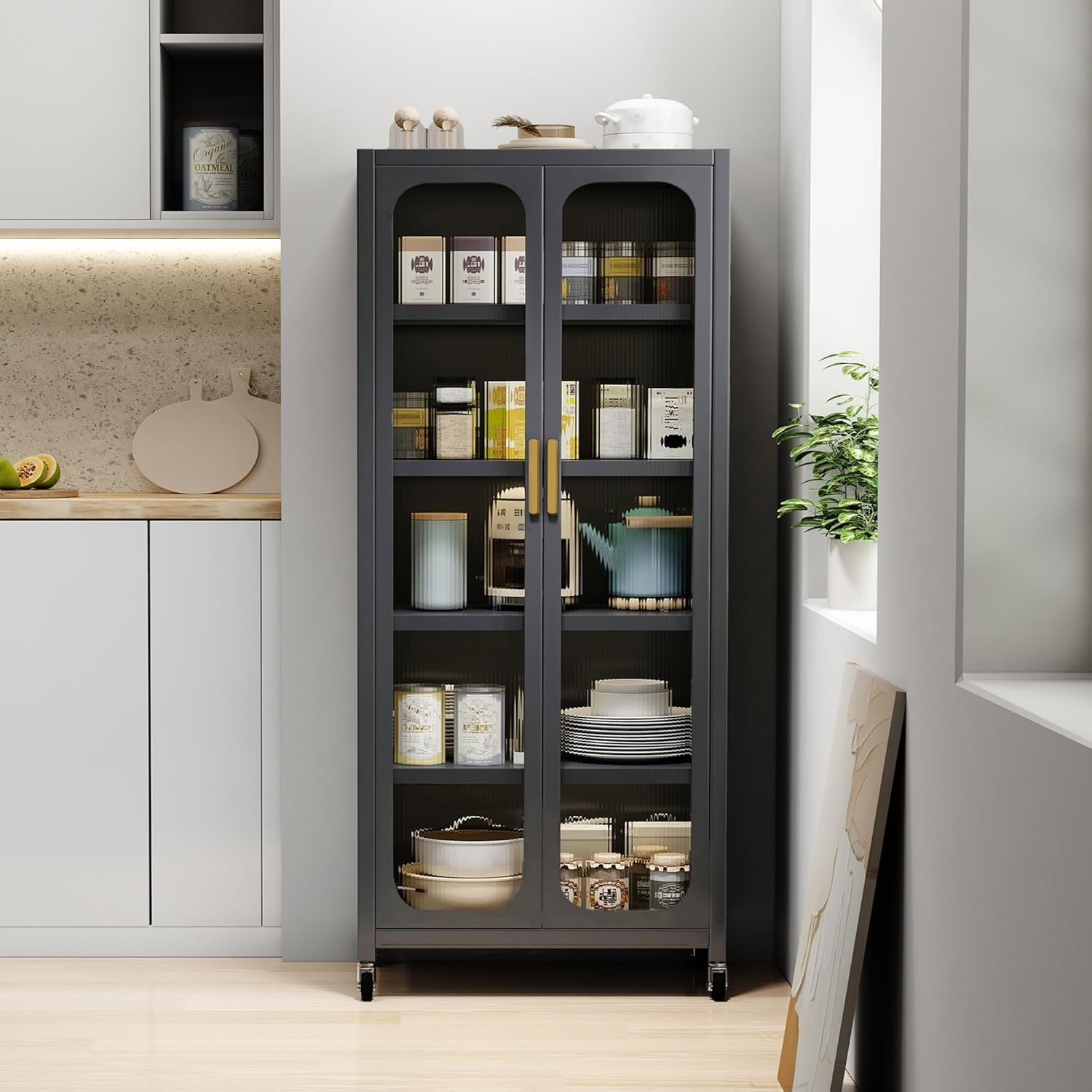 Kitchen Pantry Storage Cabinet, 6 Tier 65' H Metal Sideboard with Wheels and Acrylic Glass Door, Modern Kitchen Storage Rack for Home, Office,Pantry
