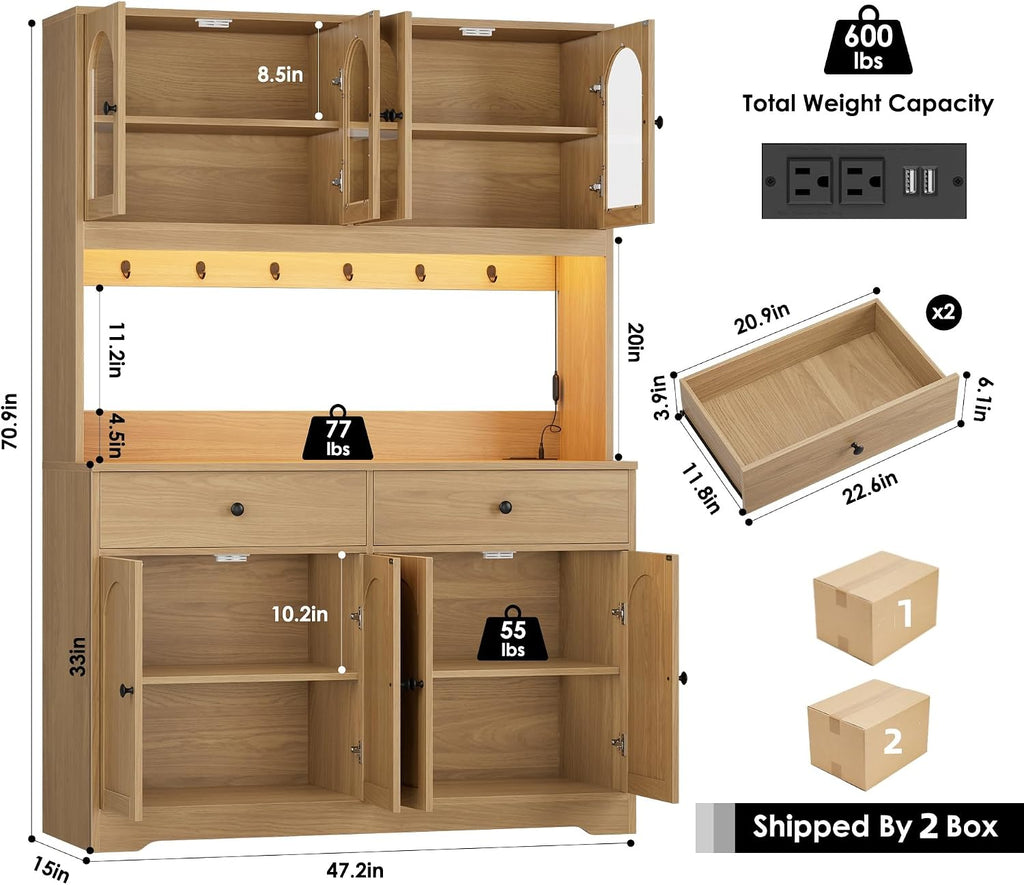 HIFIT 71' LED Kitchen Pantry Cabinet with Power Outlet, Large Kitchen Hutch Storage Cabinet with Arched Door & Shelves & 2 Drawers, Tall Modern Coffee Bar w/Hutch for Home Dining Living Room, Natural