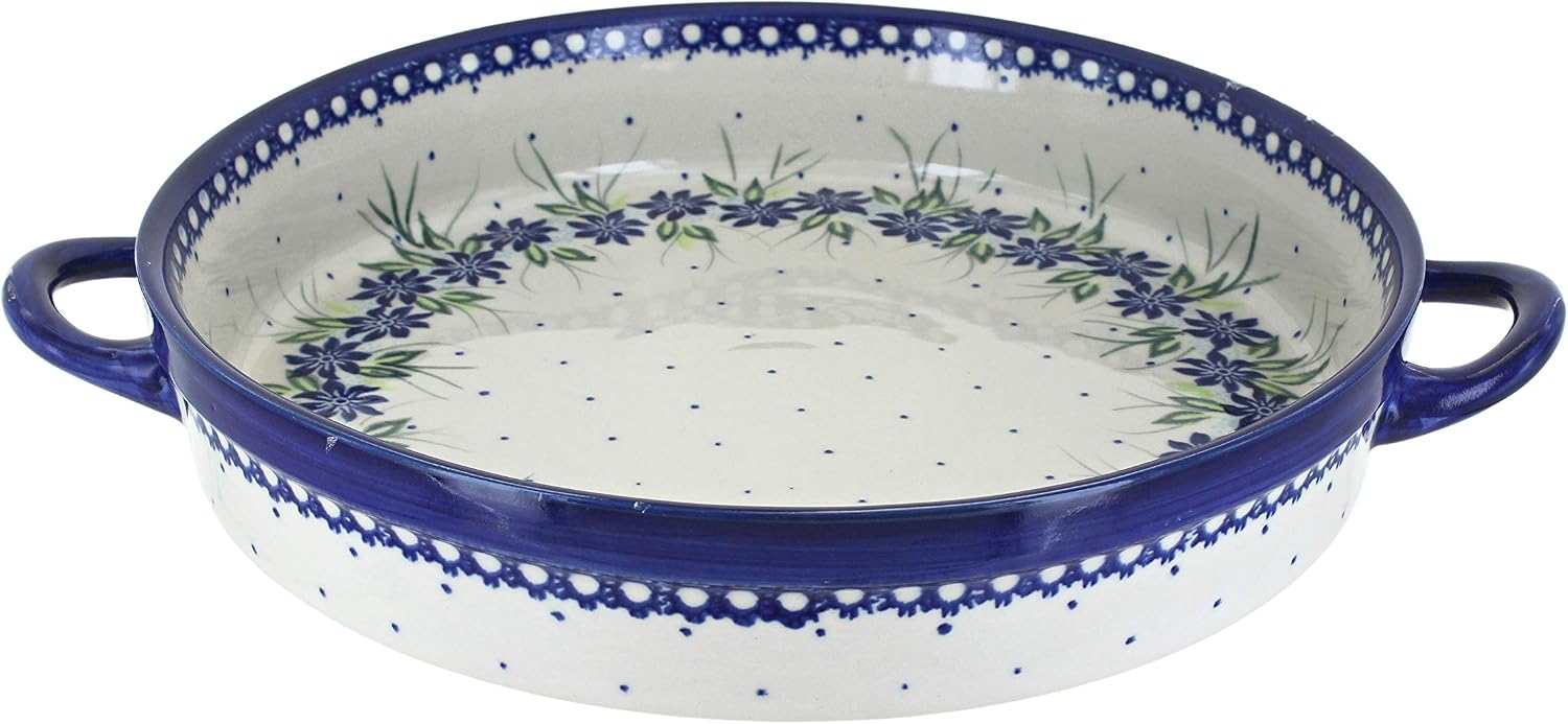 Blue Rose Polish Pottery - Blue Sierra Large Round Baker with Handles - 11' Diameter - Unique, Dishwasher Safe, & Durable Bakeware