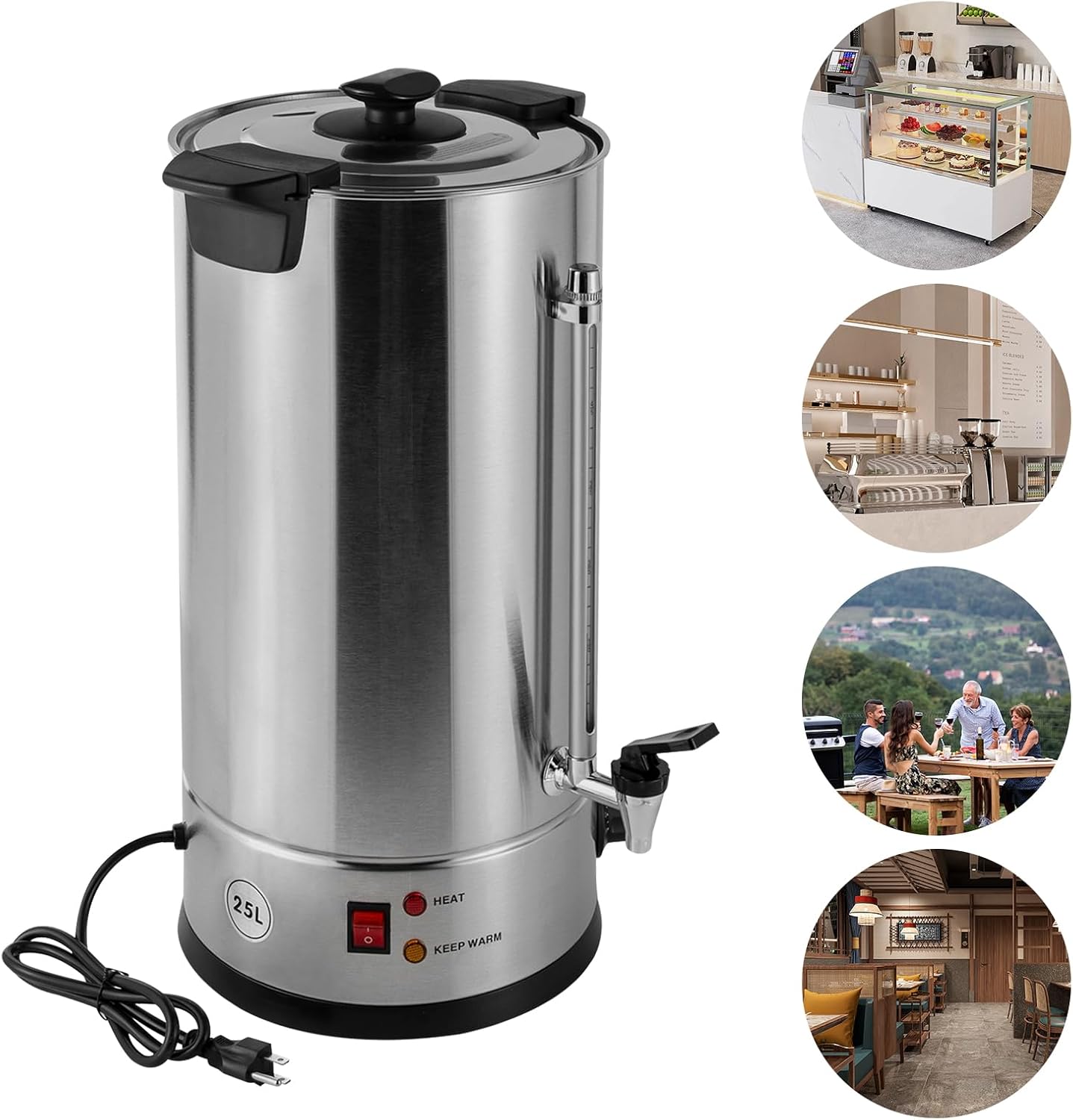 Commercial Hot Water Urn 25L with Temperature Control, Stainless Steel Electric Boiler, 30-110℃ Adjustable, Double-Layer Insulation for Coffee, Tea & Catering