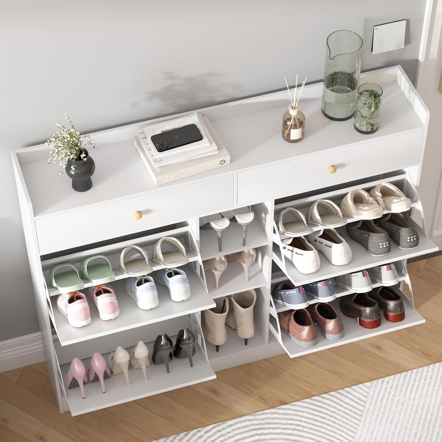 Shoe Cabinet for Entryway,Shoe Rack Storage Organizer with Drawers,Freestanding Modern Shoe Storage Cabinet,White