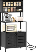 HOMCOM Kitchen Bakers Rack with Power Outlet, Coffee Bar Cabinet with Storage Shelves, Microwave Stand with Louvred Door Cabinets, 31.5' x 16.5' x 67.3', Black