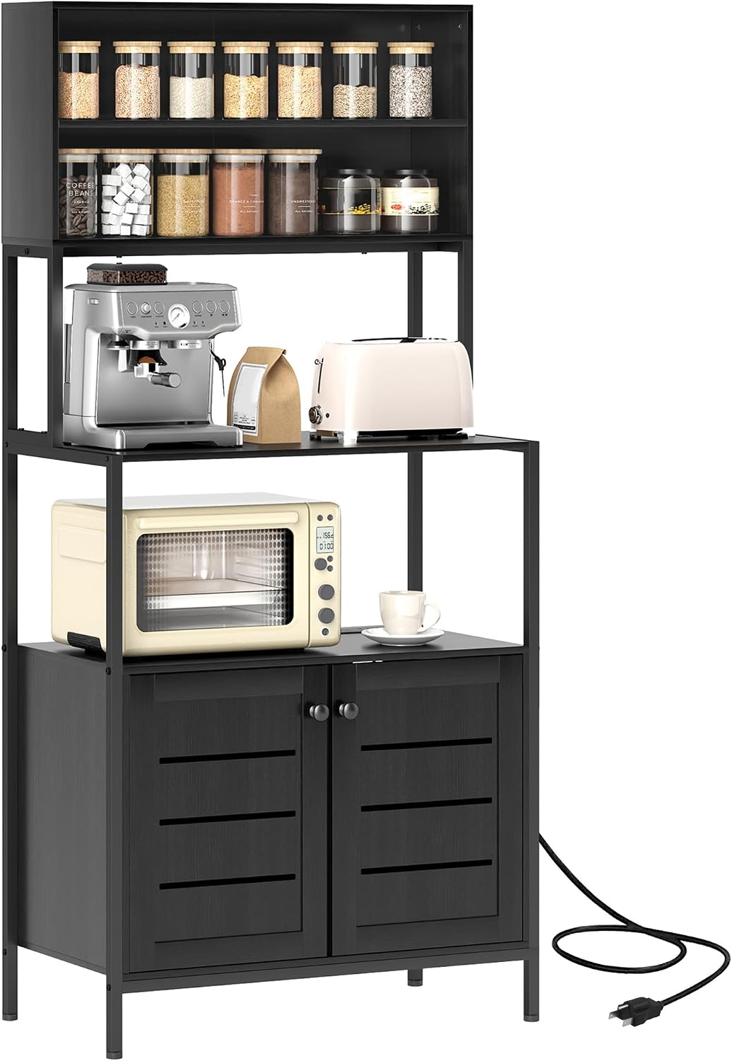 HOMCOM Kitchen Bakers Rack with Power Outlet, Coffee Bar Cabinet with Storage Shelves, Microwave Stand with Louvred Door Cabinets, 31.5' x 16.5' x 67.3', Black