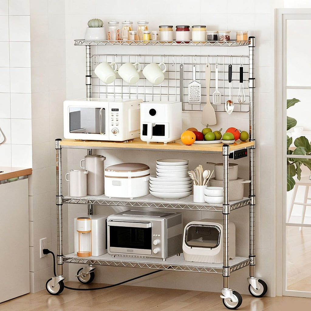 Leteuke Bakers Rack with Power Outlet & Storage, 36 Inch Microwave Stand Kitchen Cart, 4-Tier Metal Kitchen Shelves Cart with Wheels & 20 S-Hooks for Kitchen, NSF Certified, 63 x 18 x 36 Inch-Chrome
