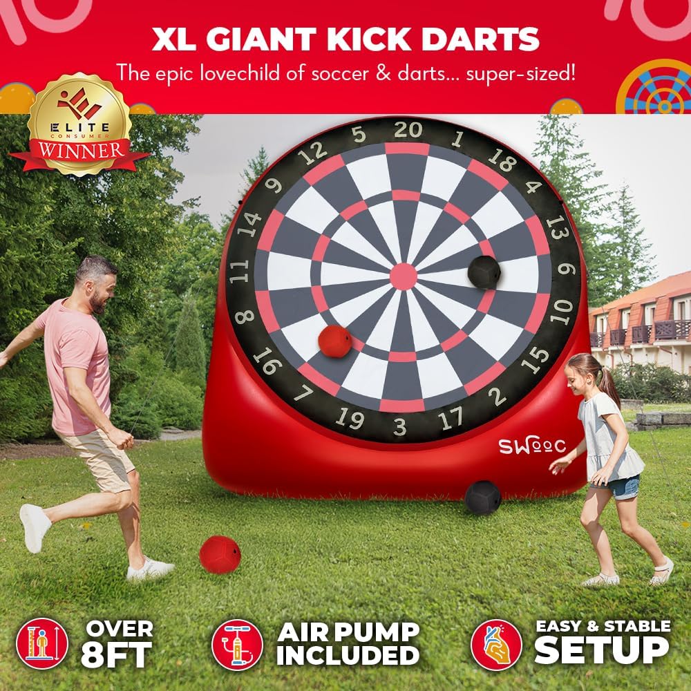 Swooc Games - Premium Inflatable Giant Kick Darts (15+ Ways to Play) - Jumbo Soccer Dartboard with Air Pump - Big Carnival Games - Giant Outdoor Games - Oversized Dart Board Yard & Lawn Game