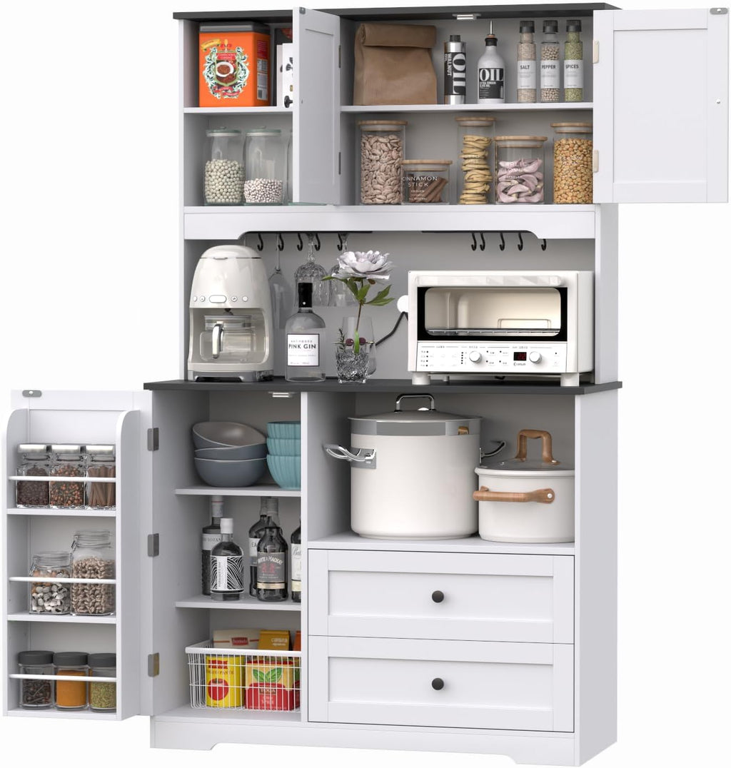 68'Tall Kitchen Pantry Storage Cabinet with Charging Station, Upgrade Pantry Cabinet with Doors & Shelves and Wine Glass Holder,Kitchen Hutch Cabinet with Microwave Stand for Kitchen (White+Black)