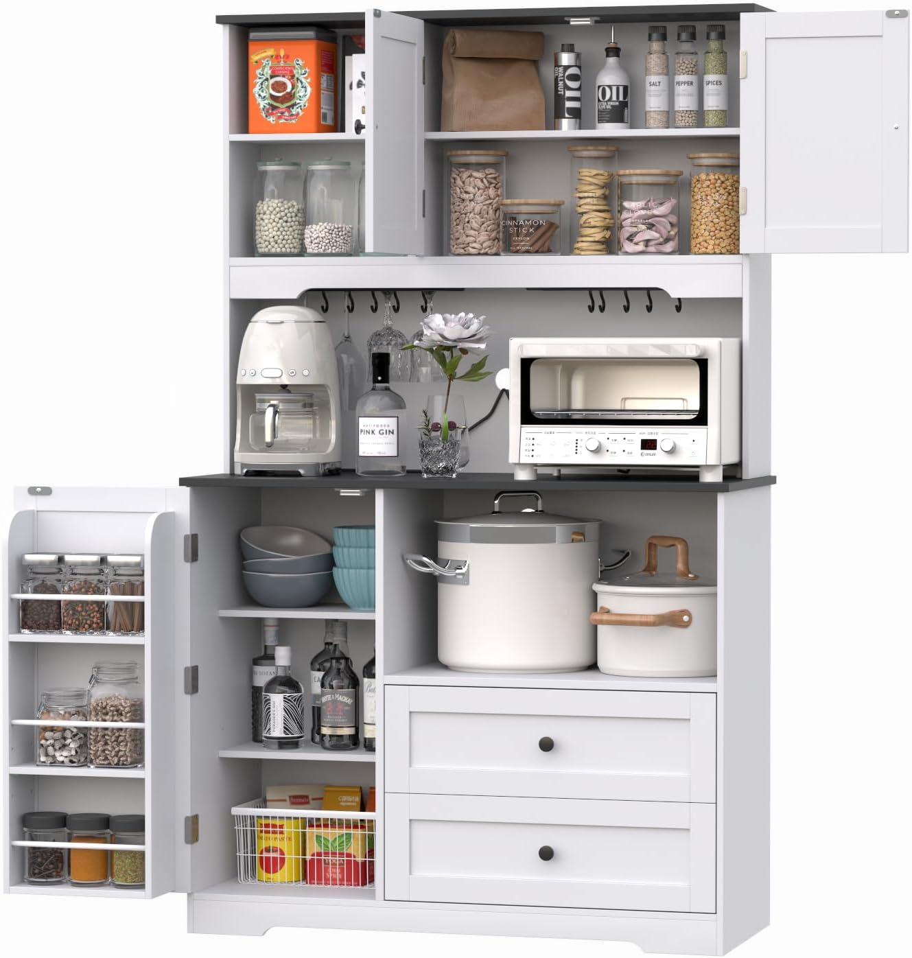68'Tall Kitchen Pantry Storage Cabinet with Charging Station, Upgrade Pantry Cabinet with Doors & Shelves and Wine Glass Holder,Kitchen Hutch Cabinet with Microwave Stand for Kitchen (White+Black)