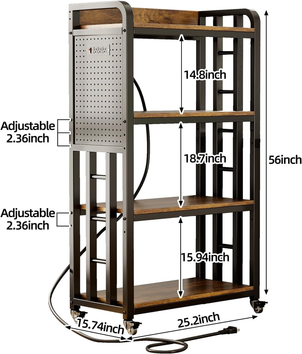 Kitchen Bakers Rack with Power Outlet,With pegboard Bakers Racks,Microwave Oven Stand with Storage 4 Tiers,bakers rack with storage,microwave cart,for Kitchen,Coffee Bar(Vintage Brown,15.75x25.2x55)