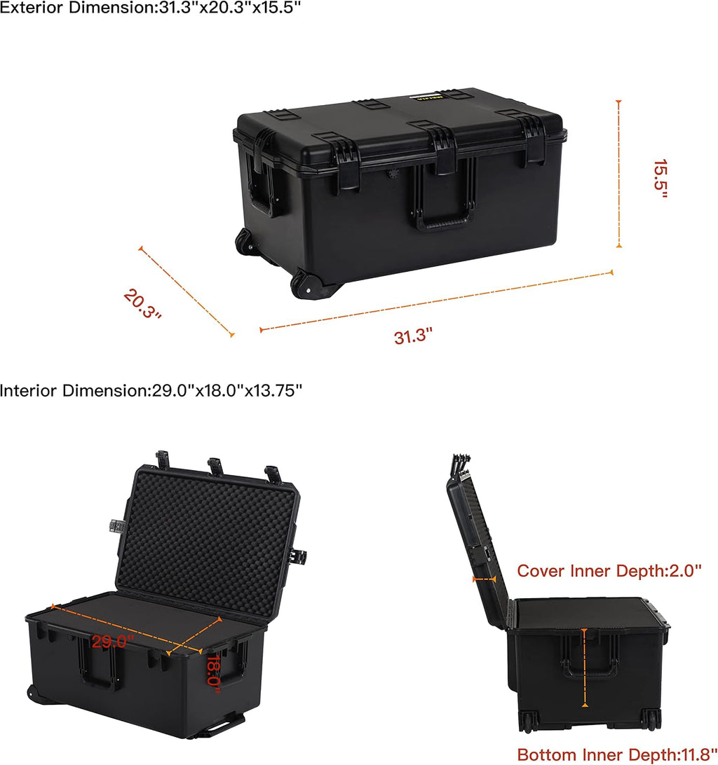 MEIJIA Premium Waterproof Hard Compact Rolling Camera Case with customizable fit foam and wheels,Full Protection with Light&Convenient Design,Elegant Black (31.3'X20.3'X15.5')