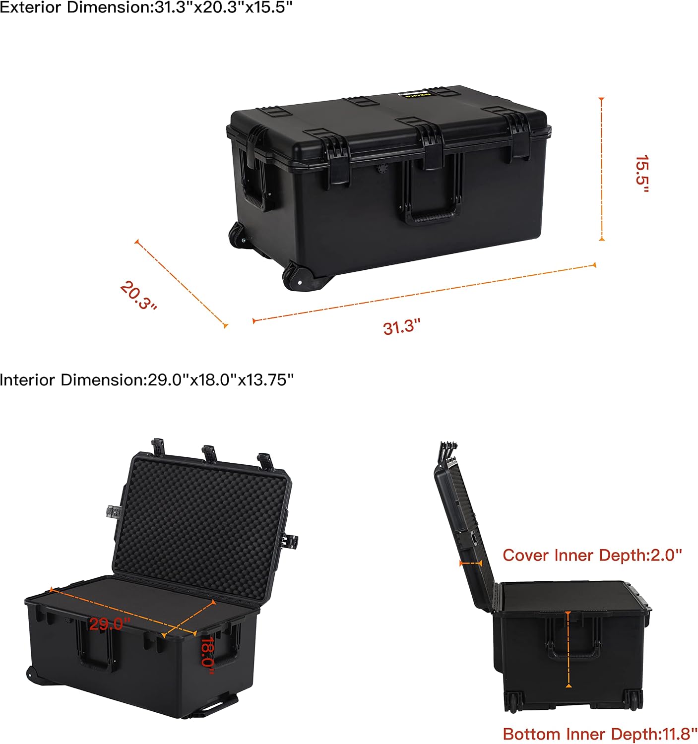 MEIJIA Premium Waterproof Hard Compact Rolling Camera Case with customizable fit foam and wheels,Full Protection with Light&Convenient Design,Elegant Black (31.3'X20.3'X15.5')