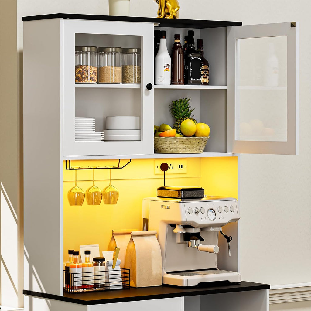 71''Kitchen Pantry Storage Cabinet with LED Lights and Power Outlet, Tall Farmhouse Kitchen Hutch with Microwave Stand,Globet Hooks and Adjustable Shelf for Dining Living Room,White