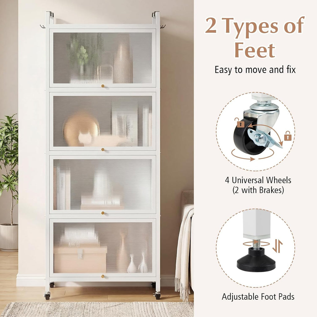 MAT EXPERT 5-Tier Kitchen Storage Cabinet, Freestanding Appliance Cabinet on Wheels with Flip Door & Anti-Topping Device, Kitchen Pantry Bakers Rack for Living Room, Study(White)