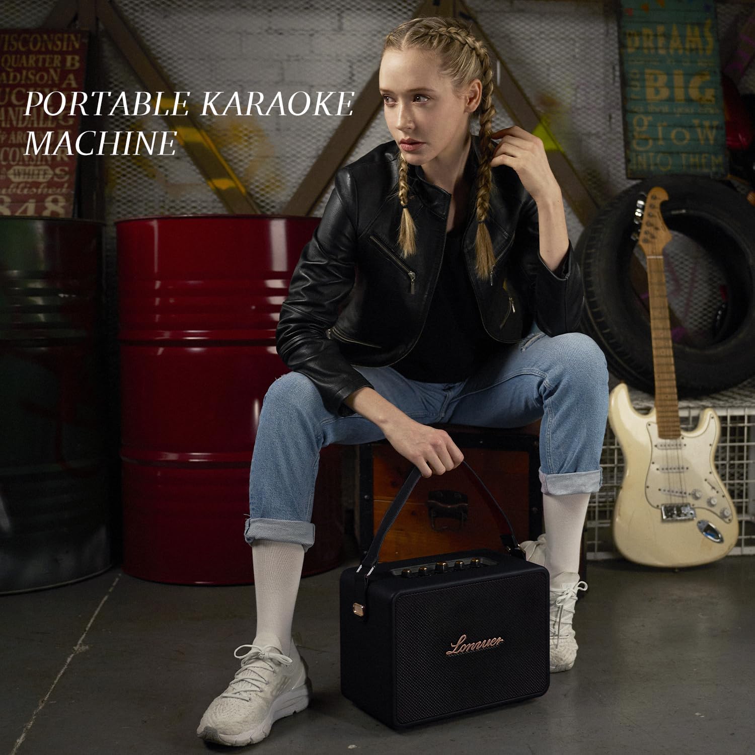 18000mAh Rechargeable 120W Loud Bass Retro Portable Karaoke Machine Bluetooth Speaker with 2 Wireless Microphones AUX Guitar Input for Adults (Black)