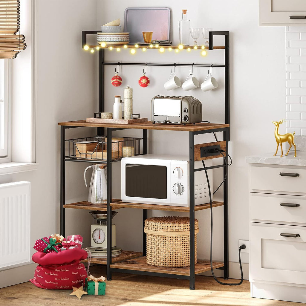 HOOBRO Kitchen Bakers Rack, Rustic Brown 3-Piece Bar Table Set with Power Outlet BF05UHB01-BF45UBT01