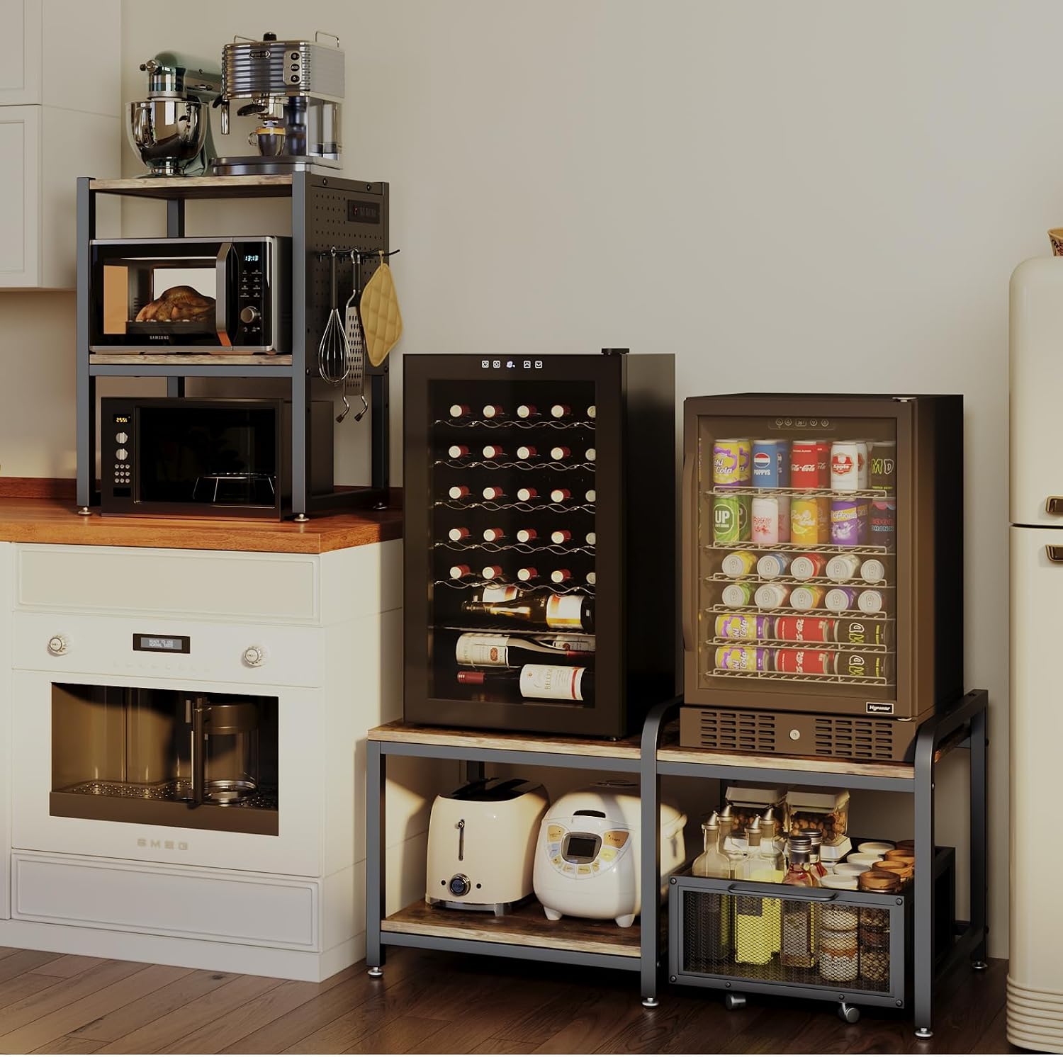 COCOLUCKY Mini Fridge Stand with Storage,Mini Fridge Cabinet,Bakers Rack with Power Outlet,Coffee Bar Cabinet,Microwave Oven Stand Rack with Large Capacity Basket for Dorm Home Office s1