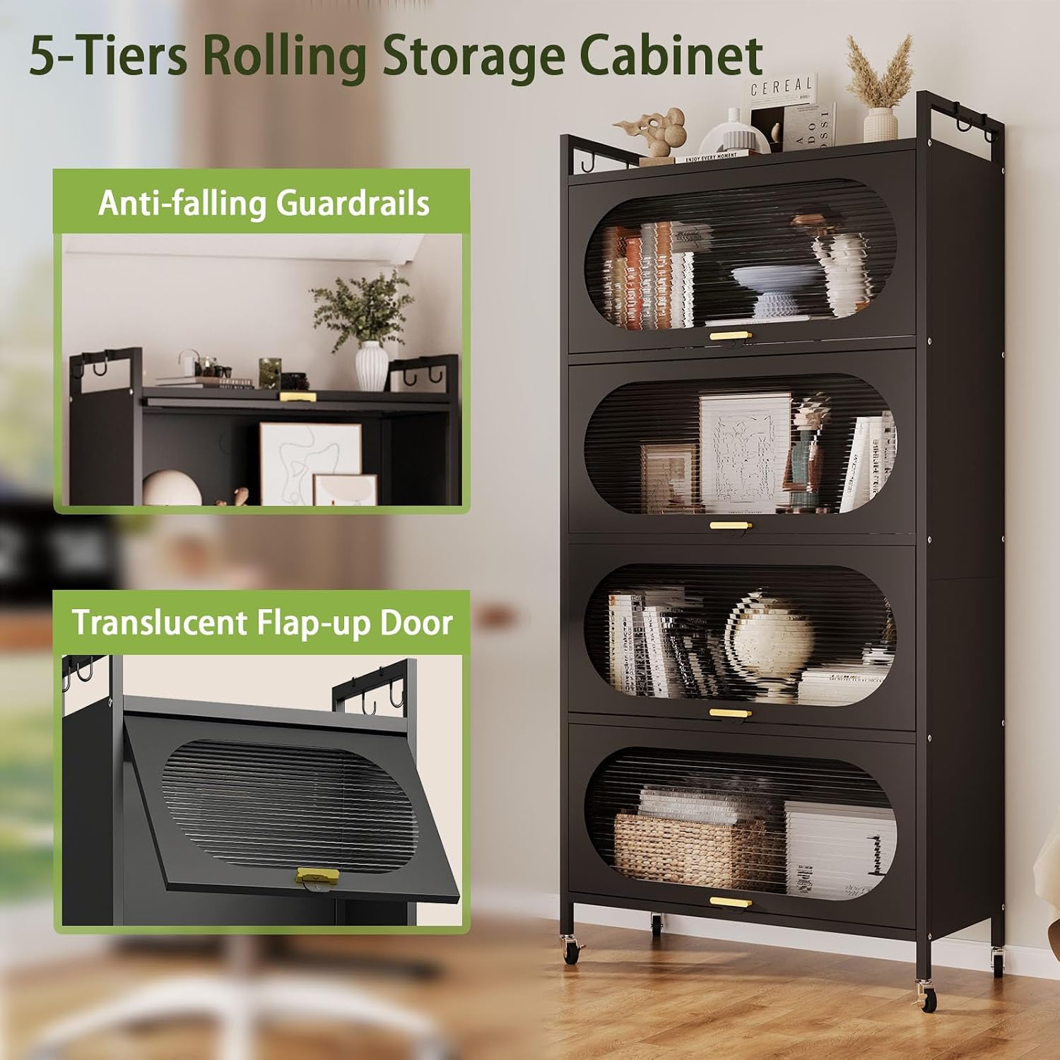 Kitchen Pantry Storage Cabinet,5 Tier Rolling Microwave Stand, Bakers Rack,Metal Pantry Cabinet with 4 Flip-up Doors for Kitchen,Living Room,Study (Black)