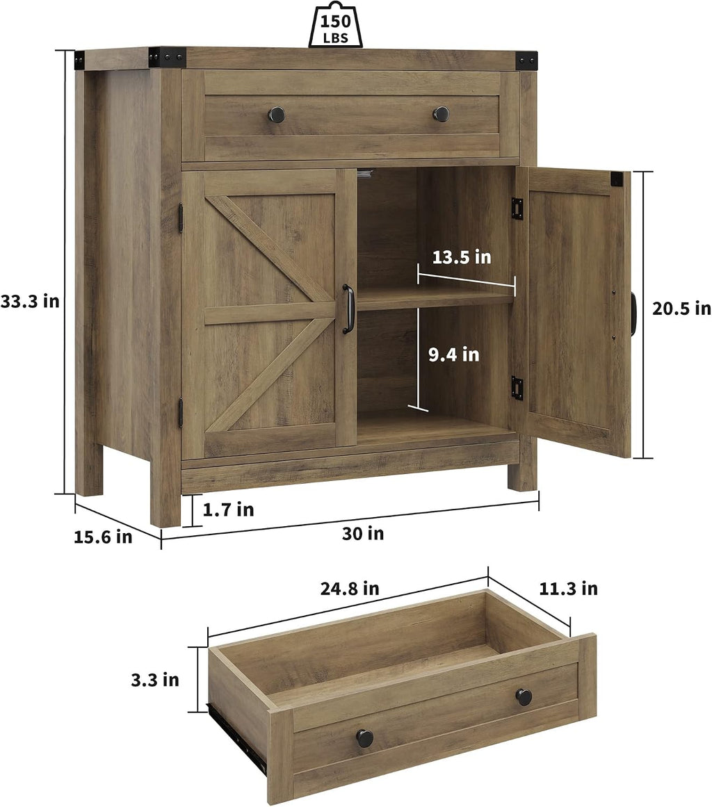 HOSTACK Coffee Bar Cabinet, Kitchen Storage Cabinet, Modern Farmhouse Buffet Sideboard with Drawer and Adjustable Shelf, Barn Door Accent Cabinets for Kitchen, Dining Room, Entryway,Rustic Brown