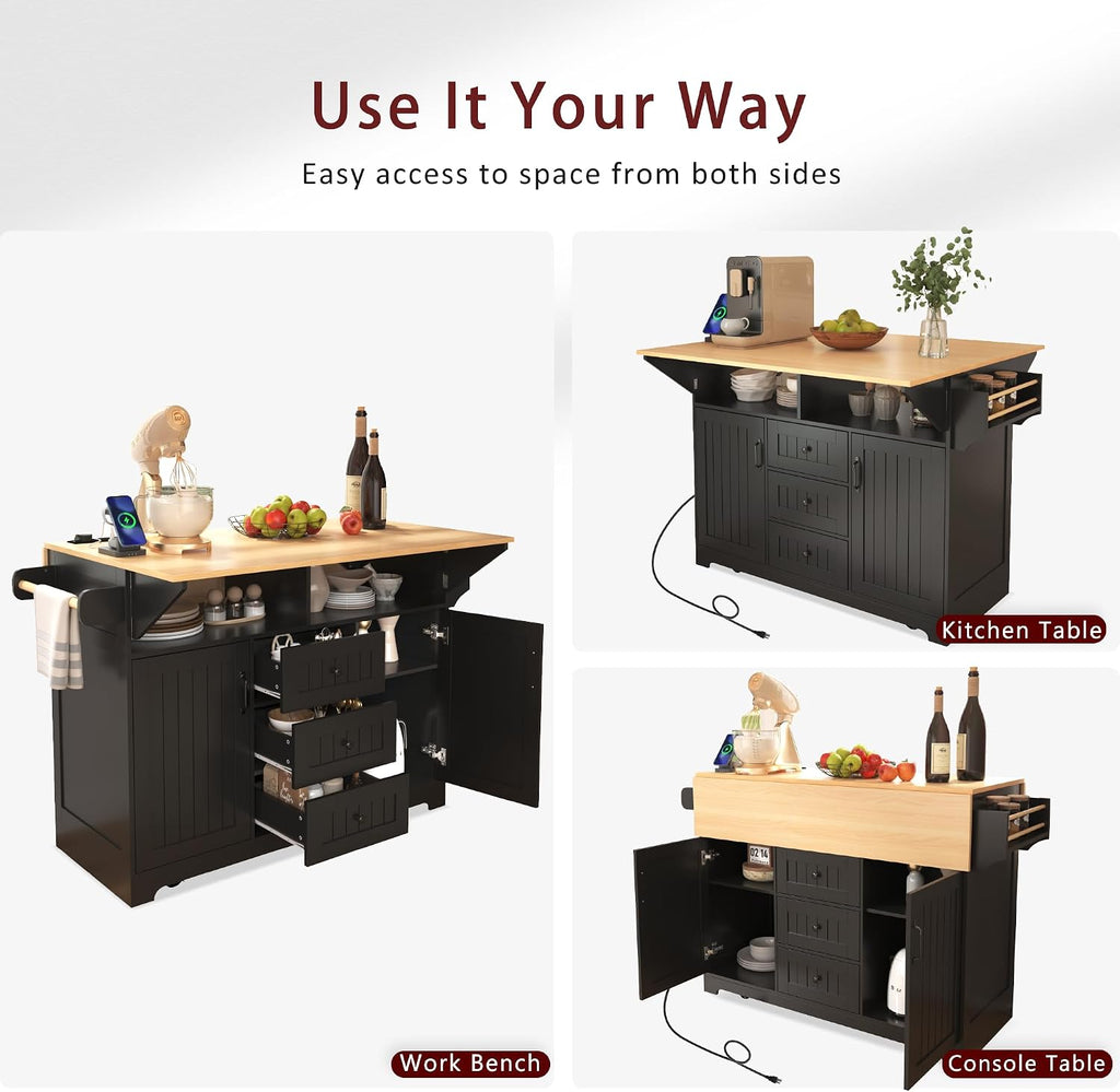 55.7'' Large Kitchen Island w/2 Drop Leaf,, Rolling Kitchen Cart on 5 Wheels with Power Outlet, Folding Storage Dining Table with Spice & Towel Rack , 3 Drawers, for Kitchen, Dining Room (Black )