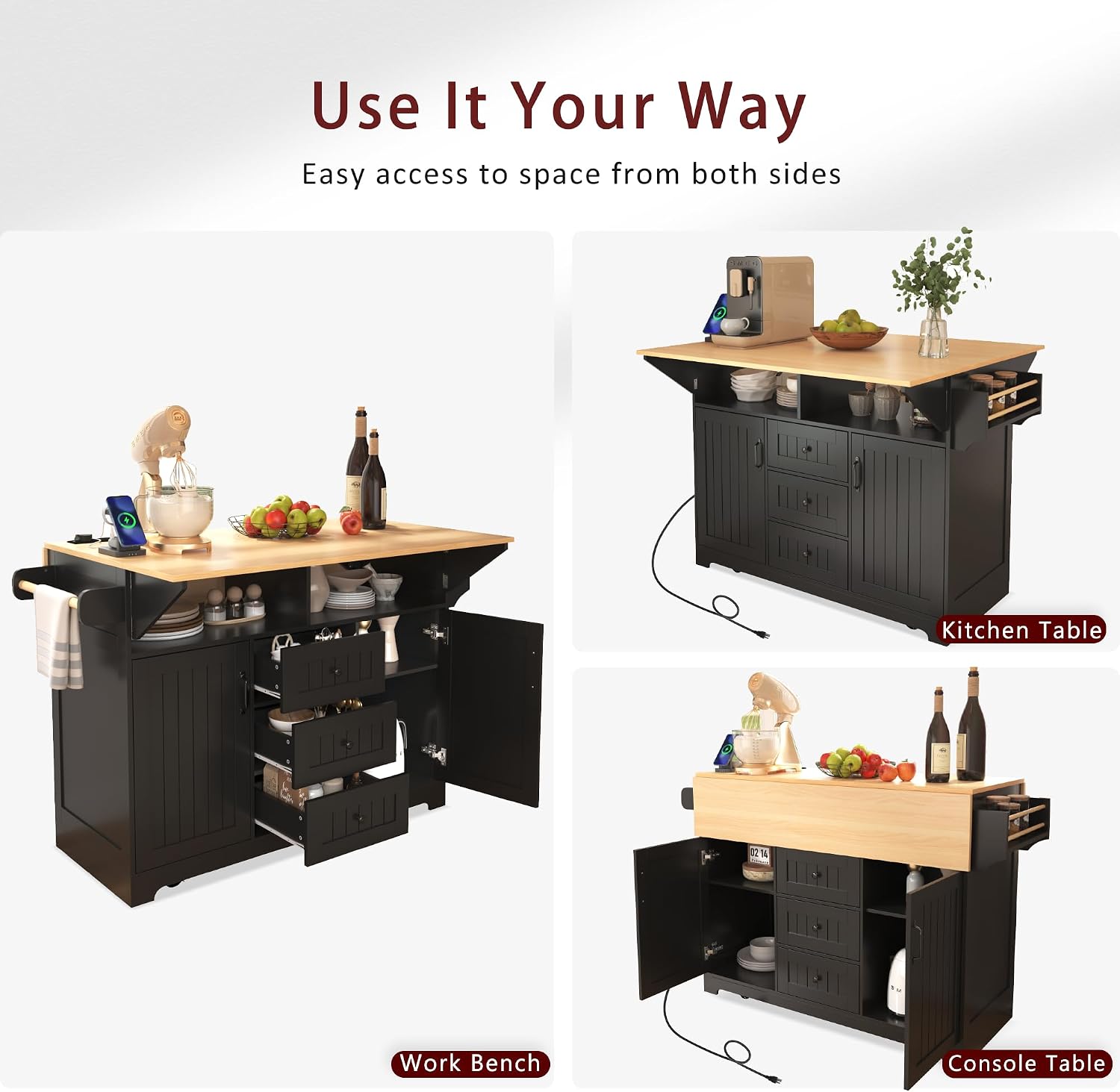 Modern Large Kitchen Island with 2 Drop Leaf, Rolling Kitchen Cart on 5 Wheels with Power Outlet, Folding Storage Dining Table for Kitchen, Dining Room (Black/Folding)