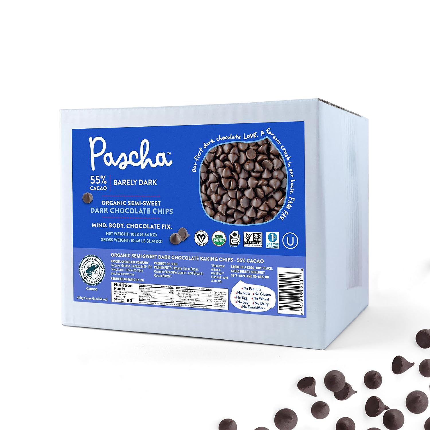 Pascha Bulk Organic Baking Semi-Sweet Chocolate Chips 55% Cacao, Allergen Free, Non-GMO, Vegan, & Fair Trade, 10 Pounds