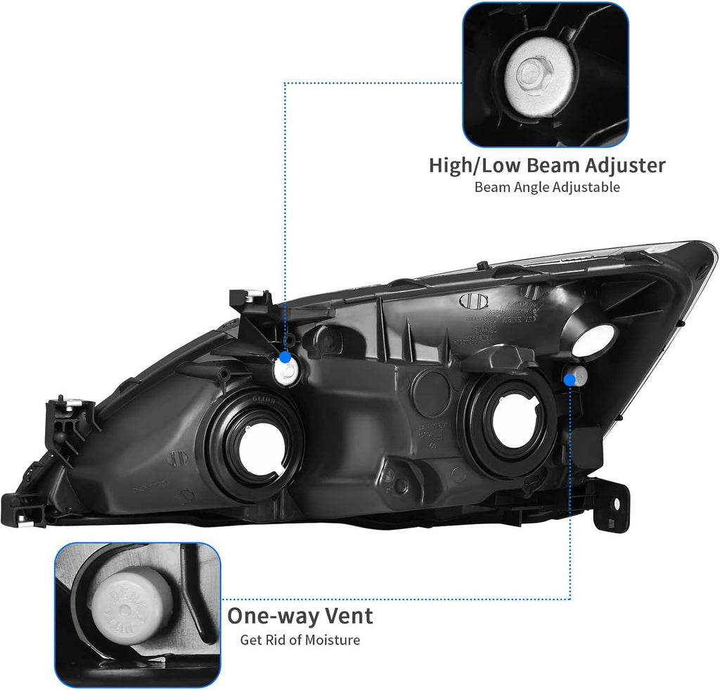 DWVO Headlight Assembly Compatible with 03 04 05 06 07 Accord OE Headlamp Replacement Black Housing Clear Reflector Clear Lens