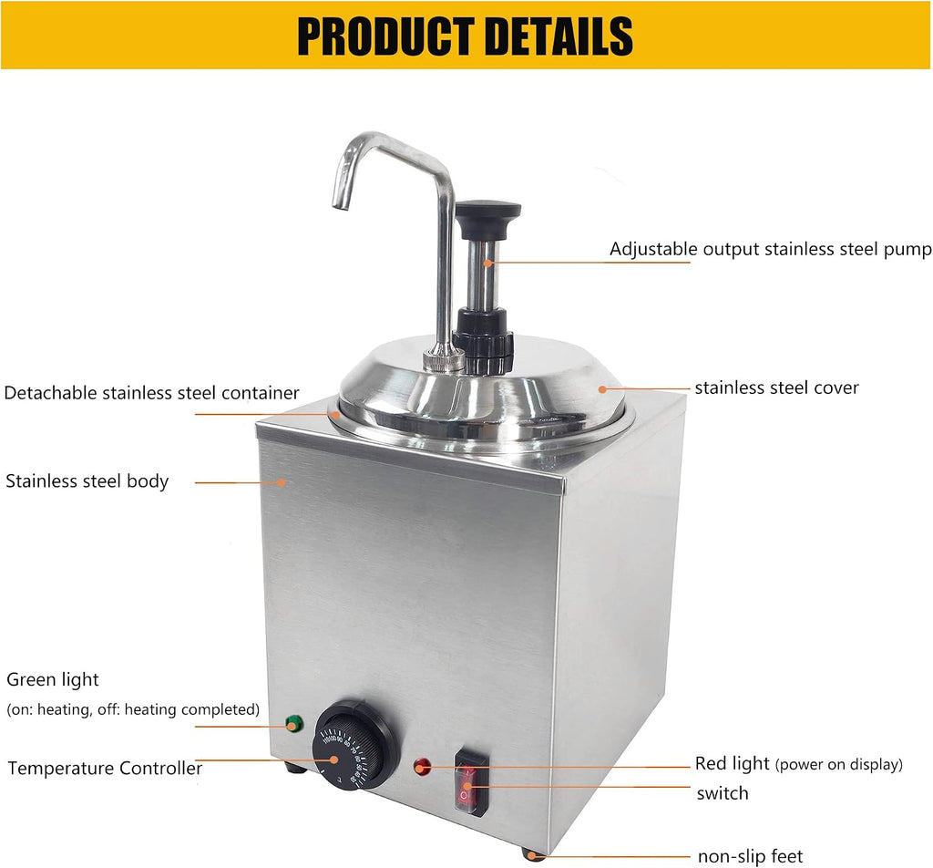 650W Electric Hot Fudge Warmer,Cheese Dispenser with Pump,2.3L Cheese Sauce Warmer Pump Dispenser,Stainless Steel Cheese Pump Dispenser for Fudge Cheese Caramel (B)
