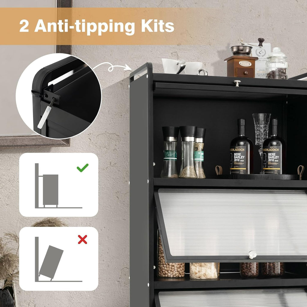 SIMOE Black 5-Tier Kitchen Storage Cabinet, Mobile Microwave Stand with Flip-Up PC Doors, Freestanding Baker's Rack with 4 Rolling Casters for Dining Room, Living Room and Study