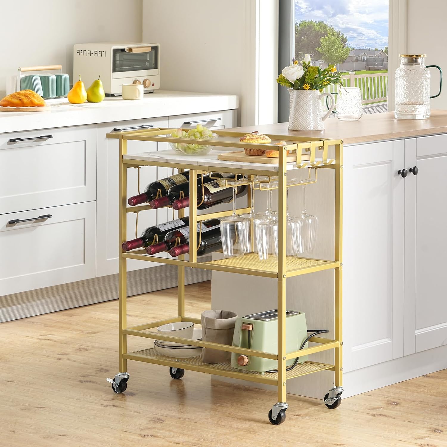MAHANCRIS Bar Cart for Home and Bakers Rack with Power Outlet Bundle, Microwave Stand with Storage, RCJM6101-BRHR351E01