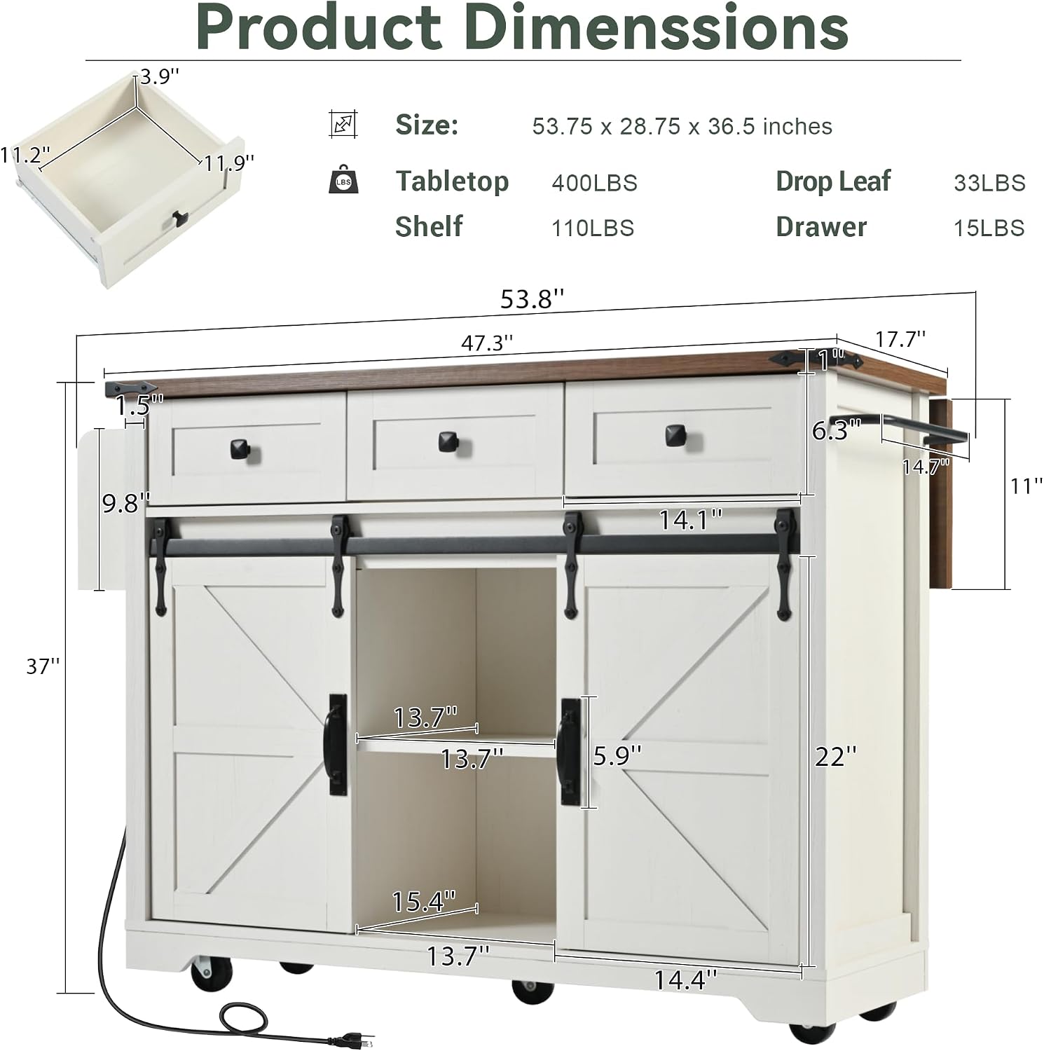 Farmhouse Kitchen Island with Power Outlet, 2 Sliding Barn Door and Drop Leaf, Spice Rack Rolling Kitchen Cart on Wheels for Home and Dining Room (White/P)